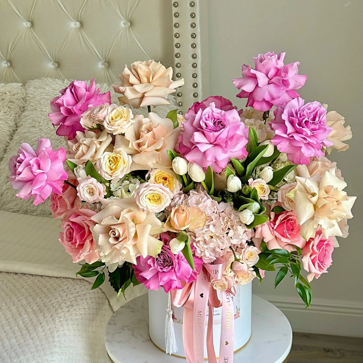 Pink & Cream Roses, Tulips & Greens Flower Bouquet In A Box - Miami Flower Store Same-Day Delivery Fort Lauderdale Brickell Aventura Las Olas Hallendale Beach Hollywood Sunny Isles
