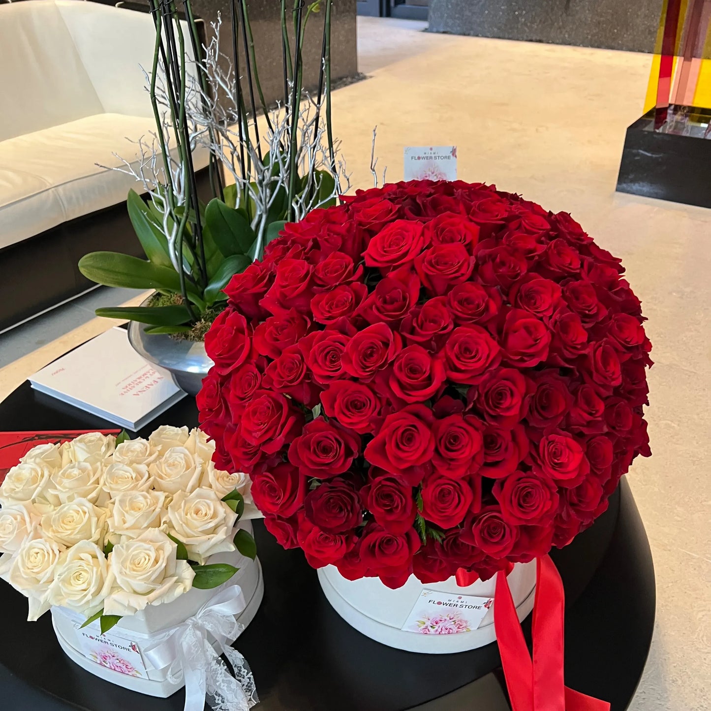 200 Red Rose Flower Bouquet In A Box With Orchids - Miami Flower Store Same-Day Delivery Fort Lauderdale Brickell Aventura Las Olas Hallendale Beach Hollywood Sunny Isles