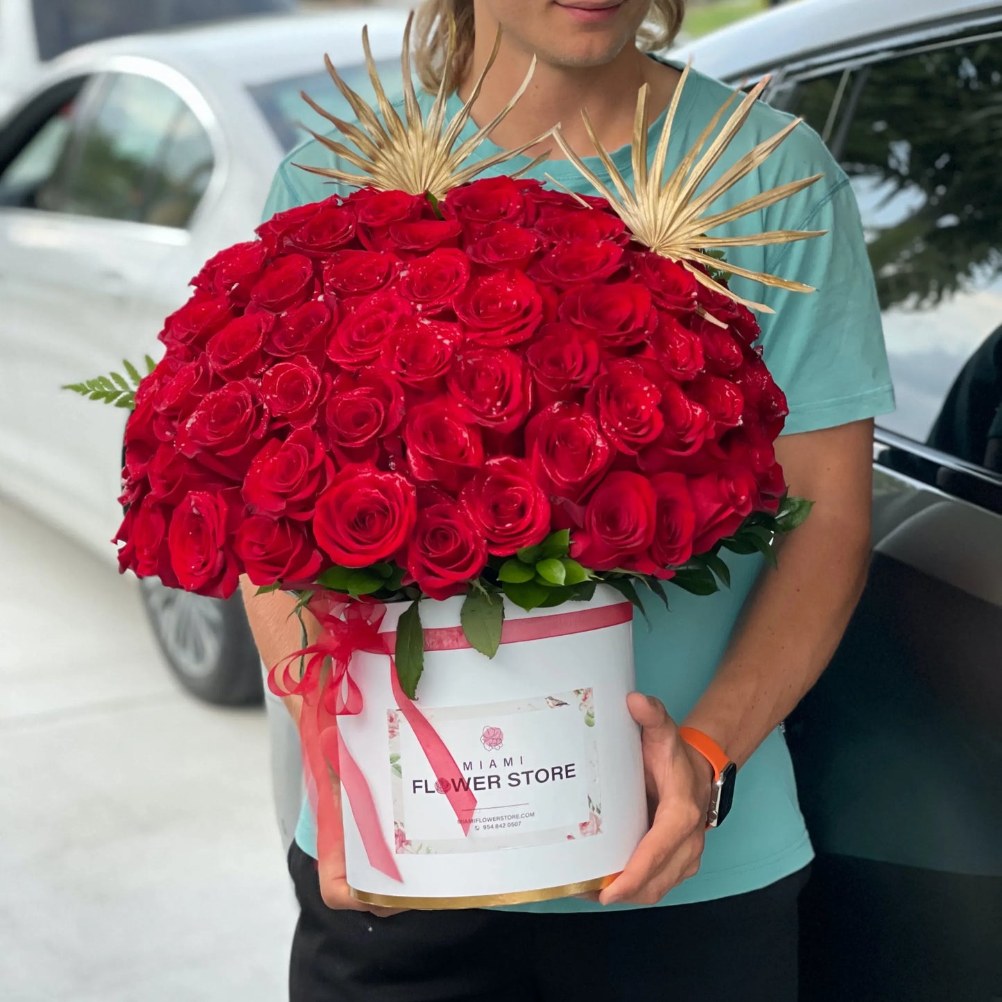 75 Red Rose Flower Bouquet With Orchid In A Box - Miami Flower Store Same-Day Delivery Fort Lauderdale Brickell Aventura Las Olas Hallendale Beach Hollywood Sunny Isles