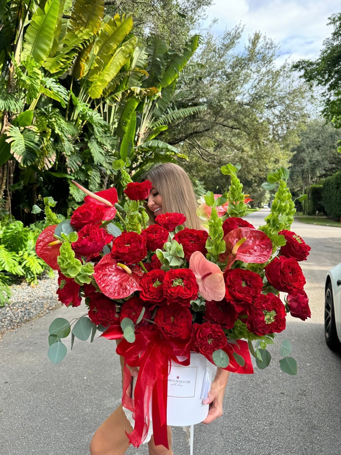 Garden Red Rose & Anthurium Flower Bouquet In A Box - Miami Flower Store Same-Day Delivery Fort Lauderdale Brickell Aventura Las Olas Hallendale Beach Hollywood Sunny Isles