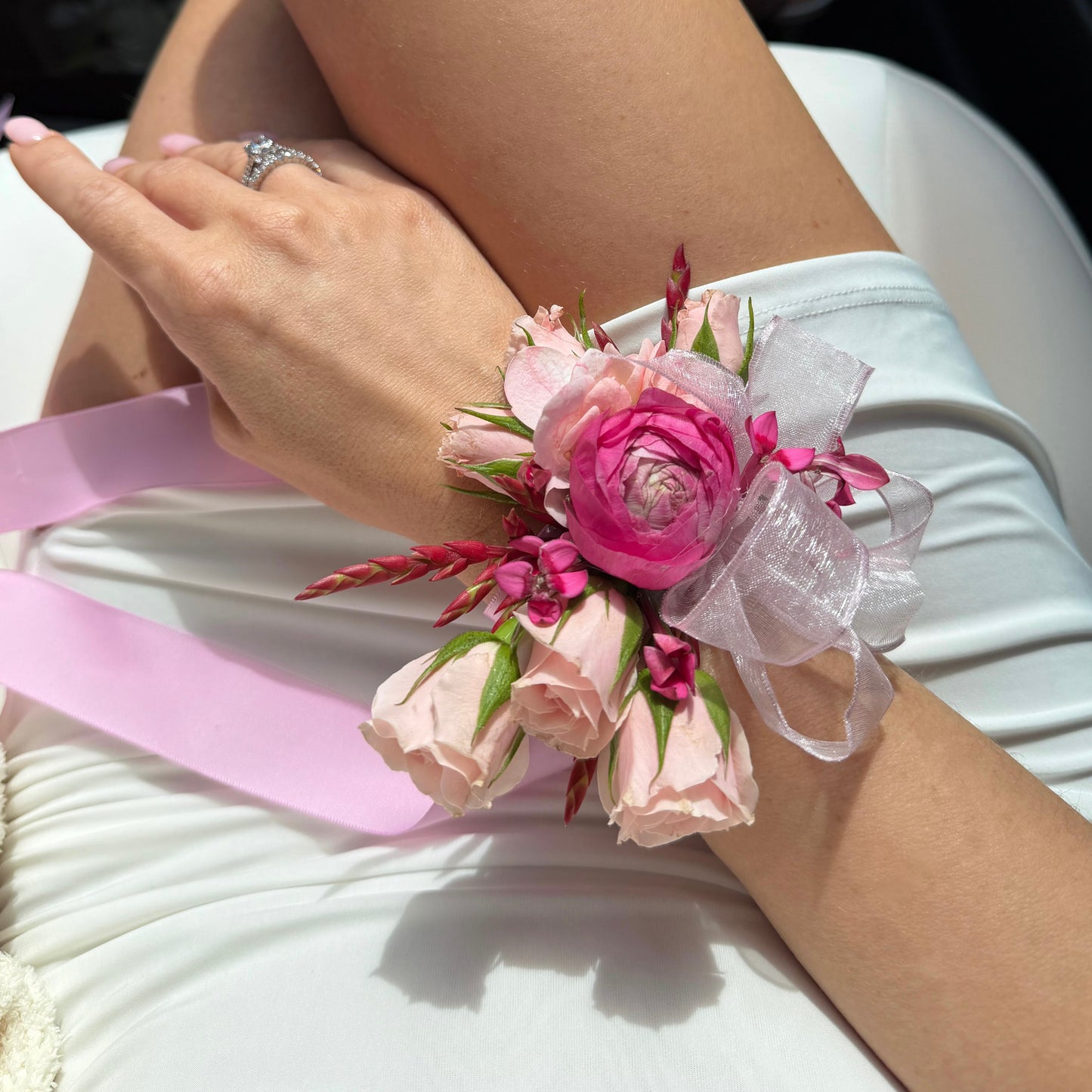 Pink Wrist Corsage And Boutonniere / Two Pieces - Miami Flower Store Same-Day Delivery Fort Lauderdale Brickell Aventura Las Olas Hallendale Beach Hollywood Sunny Isles