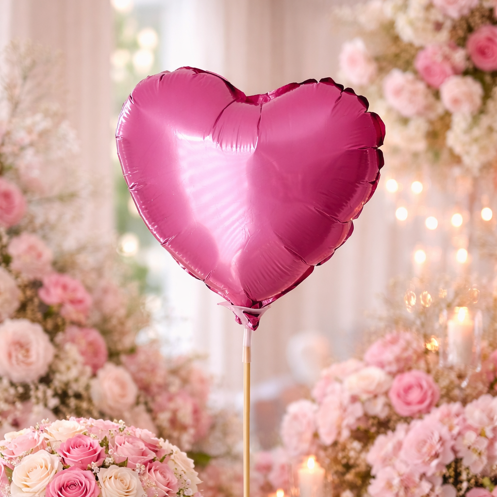 Small Pink Heart Shaped Metallic Foil Balloons On A Stick - 8''x8'' - Miami Flower Store Same-Day Delivery Fort Lauderdale Brickell Aventura Las Olas Hallendale Beach Hollywood Sunny Isles