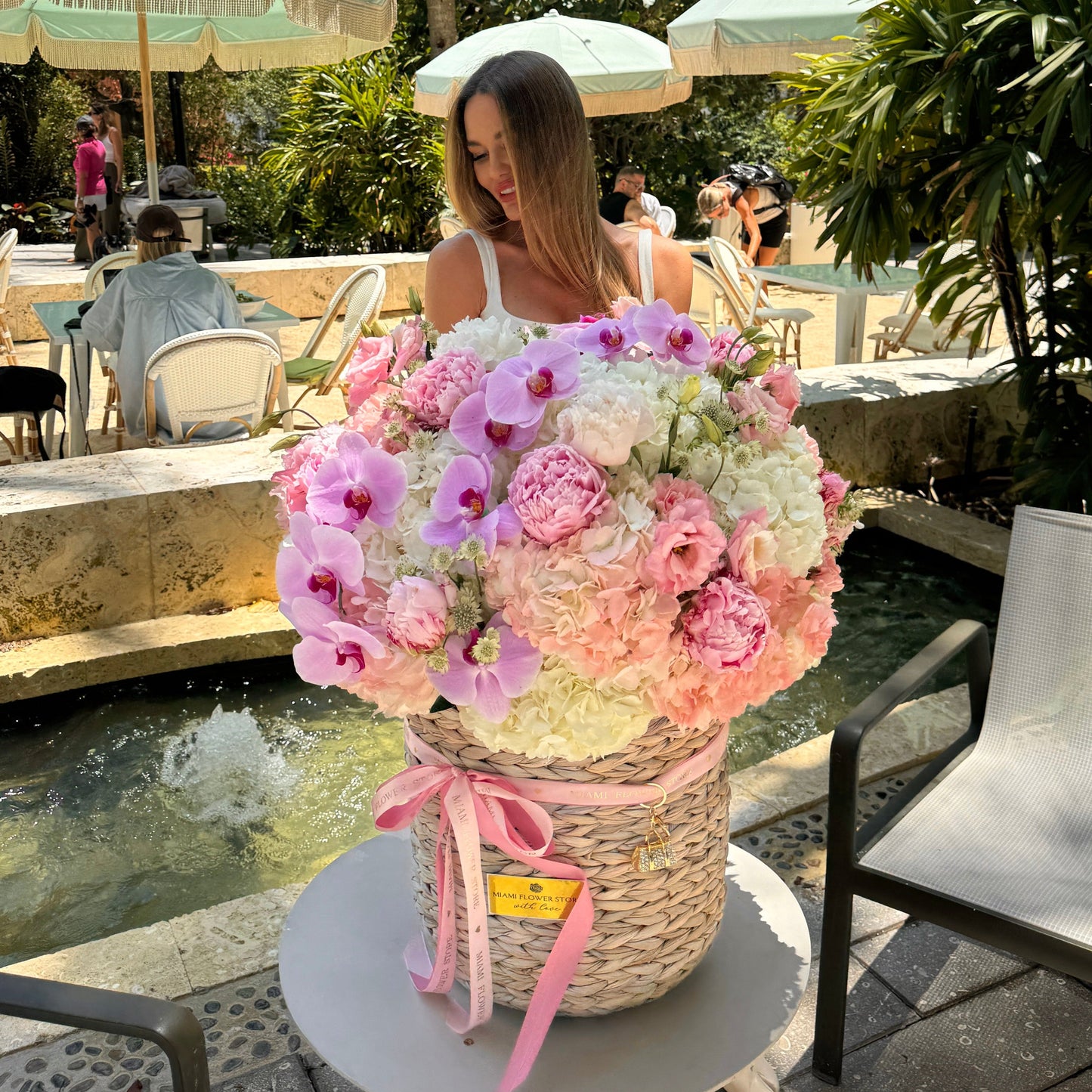 Basket Full Of Hydrangea, Roses, Ranunculus, Orchids - Miami Flower Store Same-Day Delivery Fort Lauderdale Brickell Aventura Las Olas Hallendale Beach Hollywood Sunny Isles