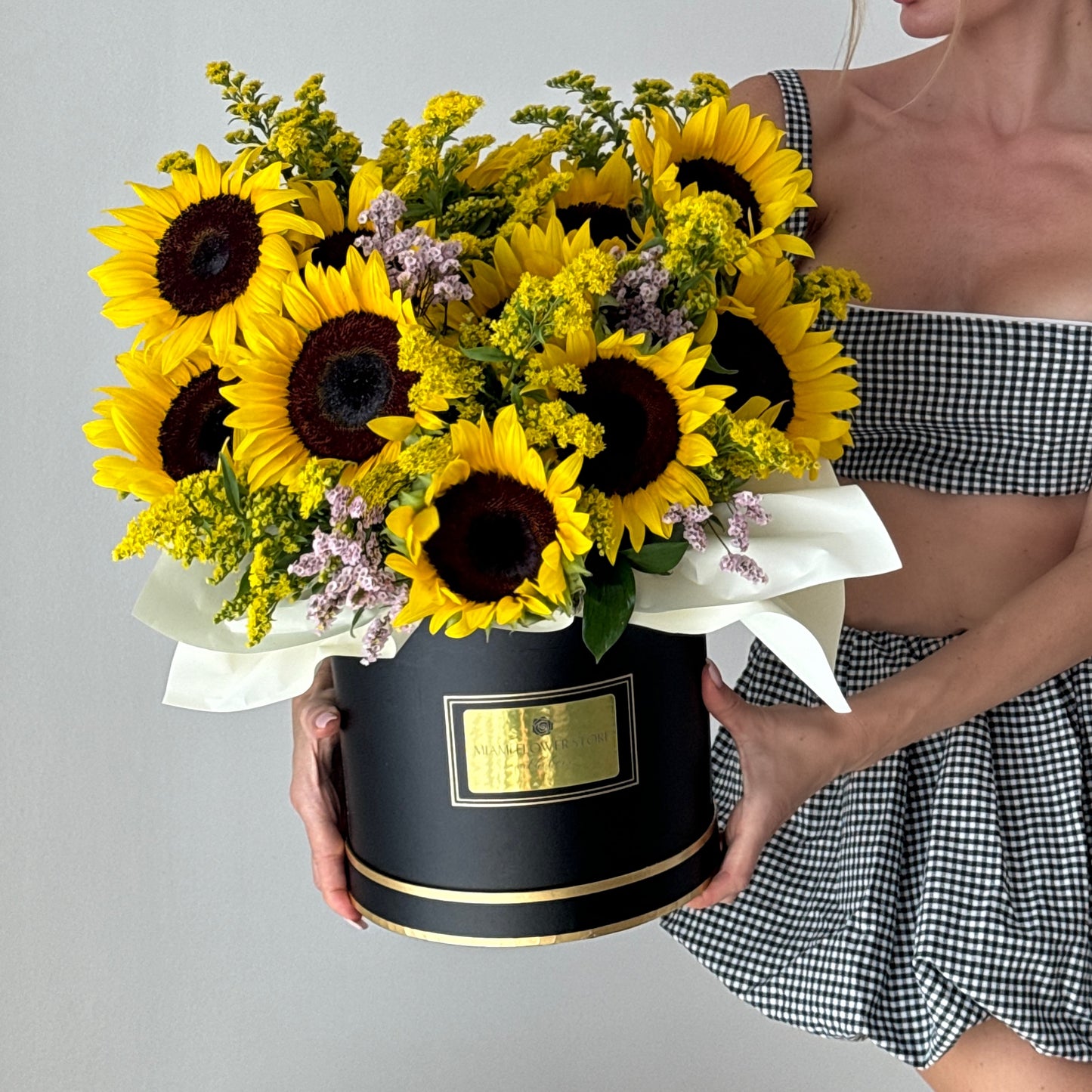 Sunflower, Solidago & Limonium Flower Bouquet In A Box - Miami Flower Store Same-Day Delivery Fort Lauderdale Brickell Aventura Las Olas Hallendale Beach Hollywood Sunny Isles
