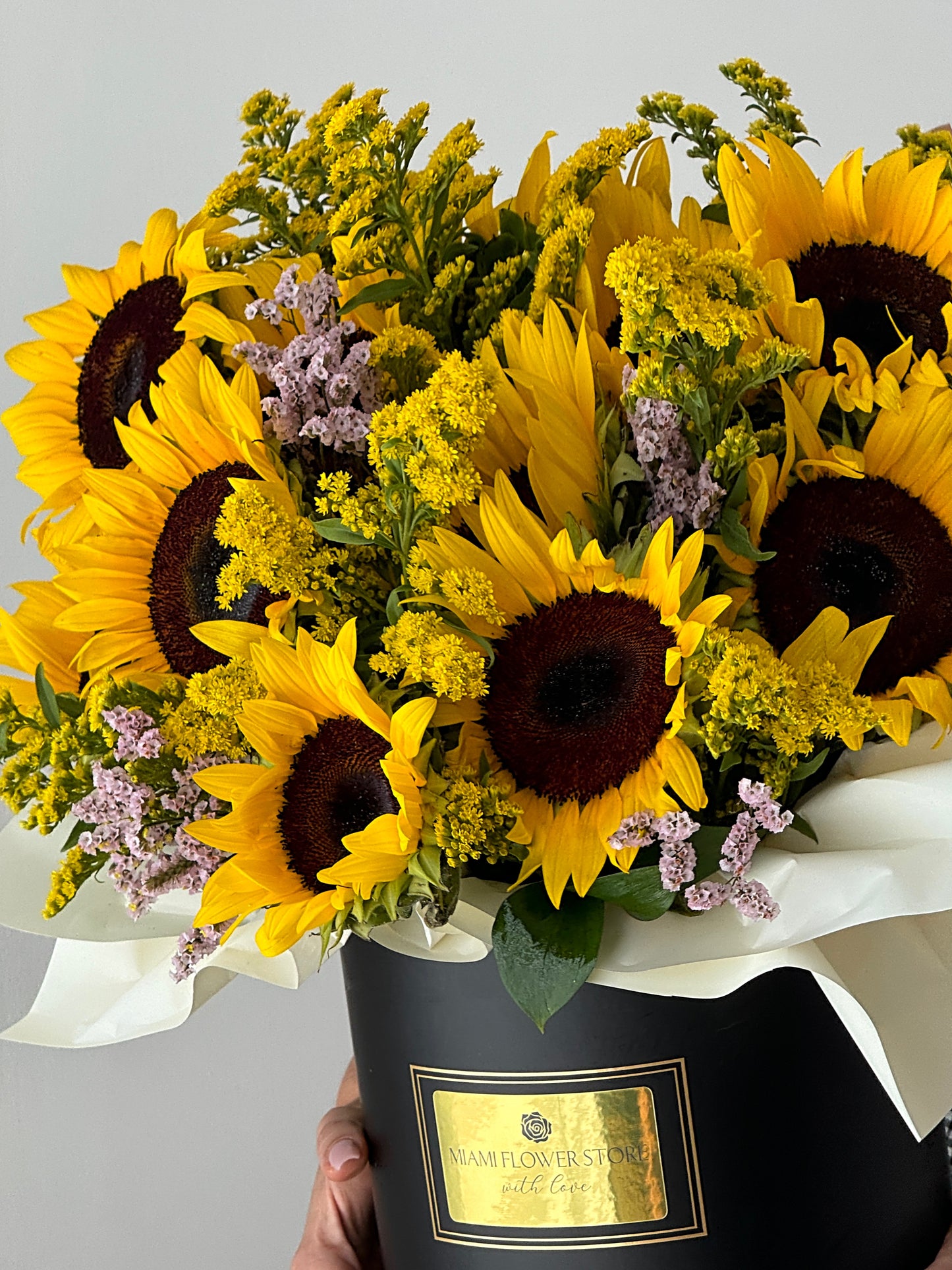 Sunflower, Solidago & Limonium Flower Bouquet In A Box - Miami Flower Store Same-Day Delivery Fort Lauderdale Brickell Aventura Las Olas Hallendale Beach Hollywood Sunny Isles