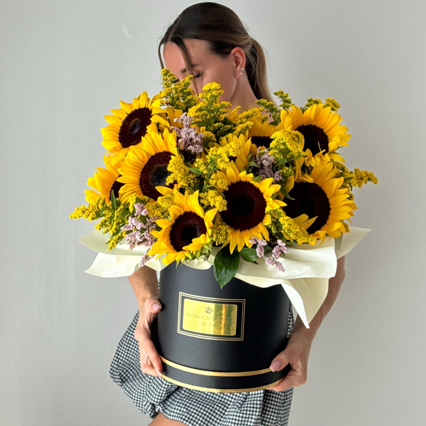 Sunflower, Solidago & Limonium Flower Bouquet In A Box - Miami Flower Store Same-Day Delivery Fort Lauderdale Brickell Aventura Las Olas Hallendale Beach Hollywood Sunny Isles