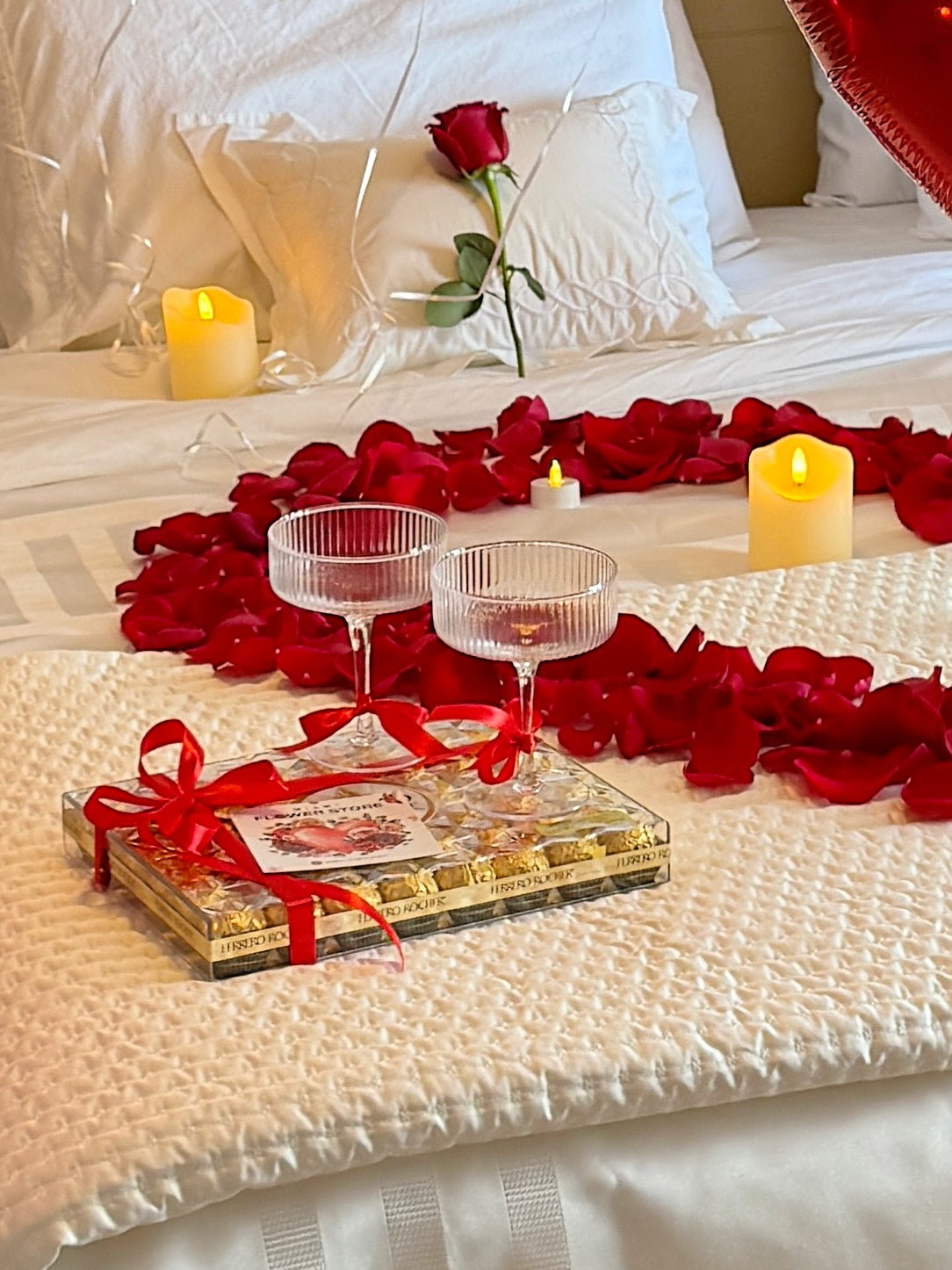 Romantic Room Decoration, 100 Red Rose Bouquet, Petals, Balloons, Candles & Chocolate - Miami Flower Store Same-Day Delivery Fort Lauderdale Brickell Aventura Las Olas Hallendale Beach Hollywood Sunny Isles