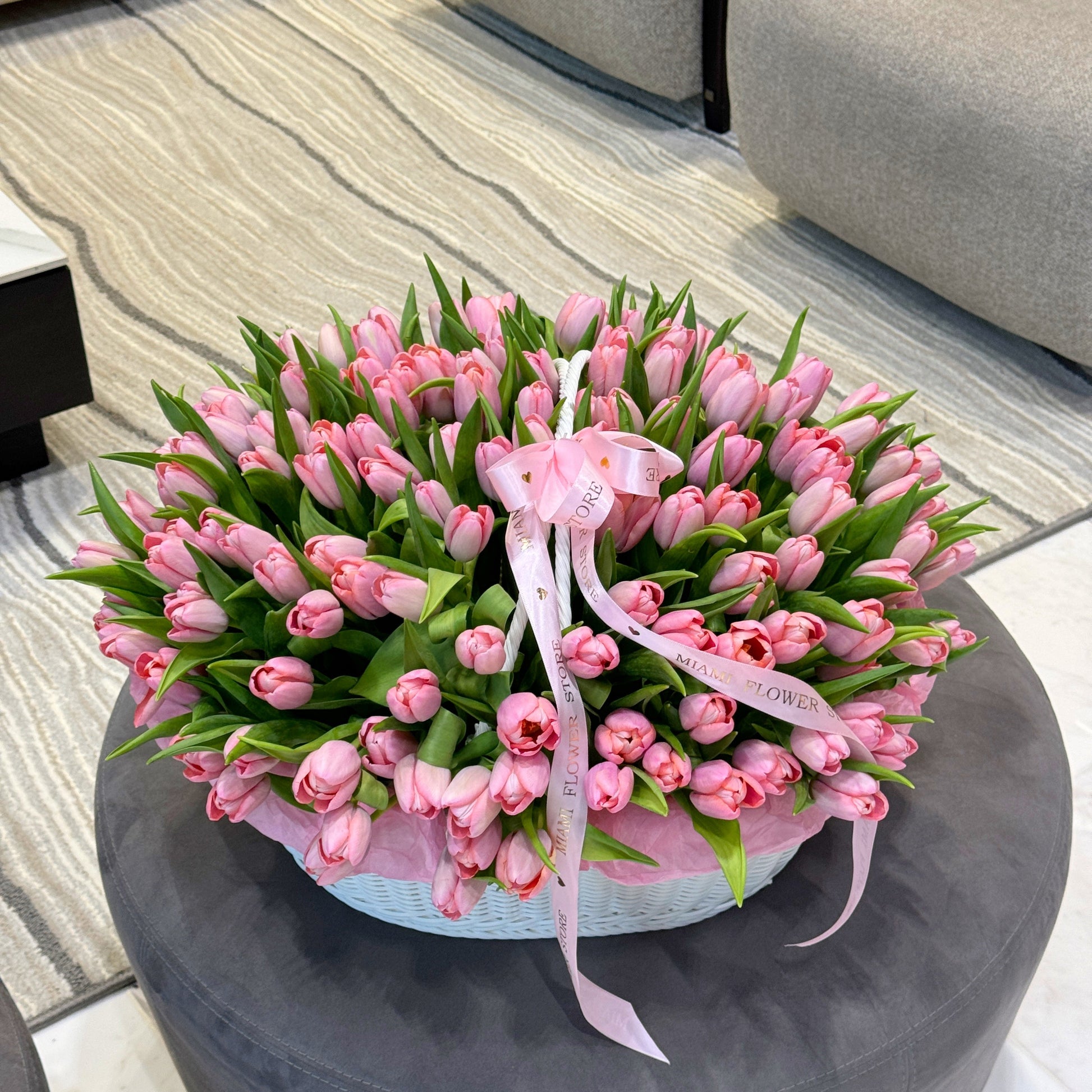 100-150 Pink Tulip Flower Bouquet In A Basket - Miami Flower Store Same-Day Delivery Fort Lauderdale Brickell Aventura Las Olas Hallendale Beach Hollywood Sunny Isles