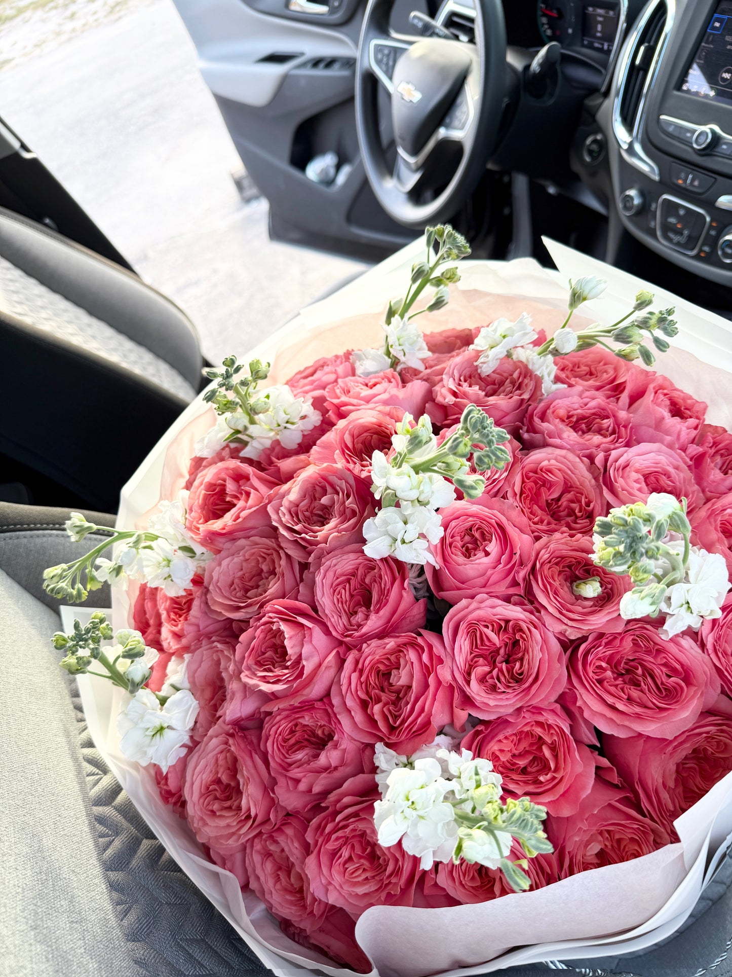 Garden Rose Flower Bouquet "Pink Expression" With White Stock