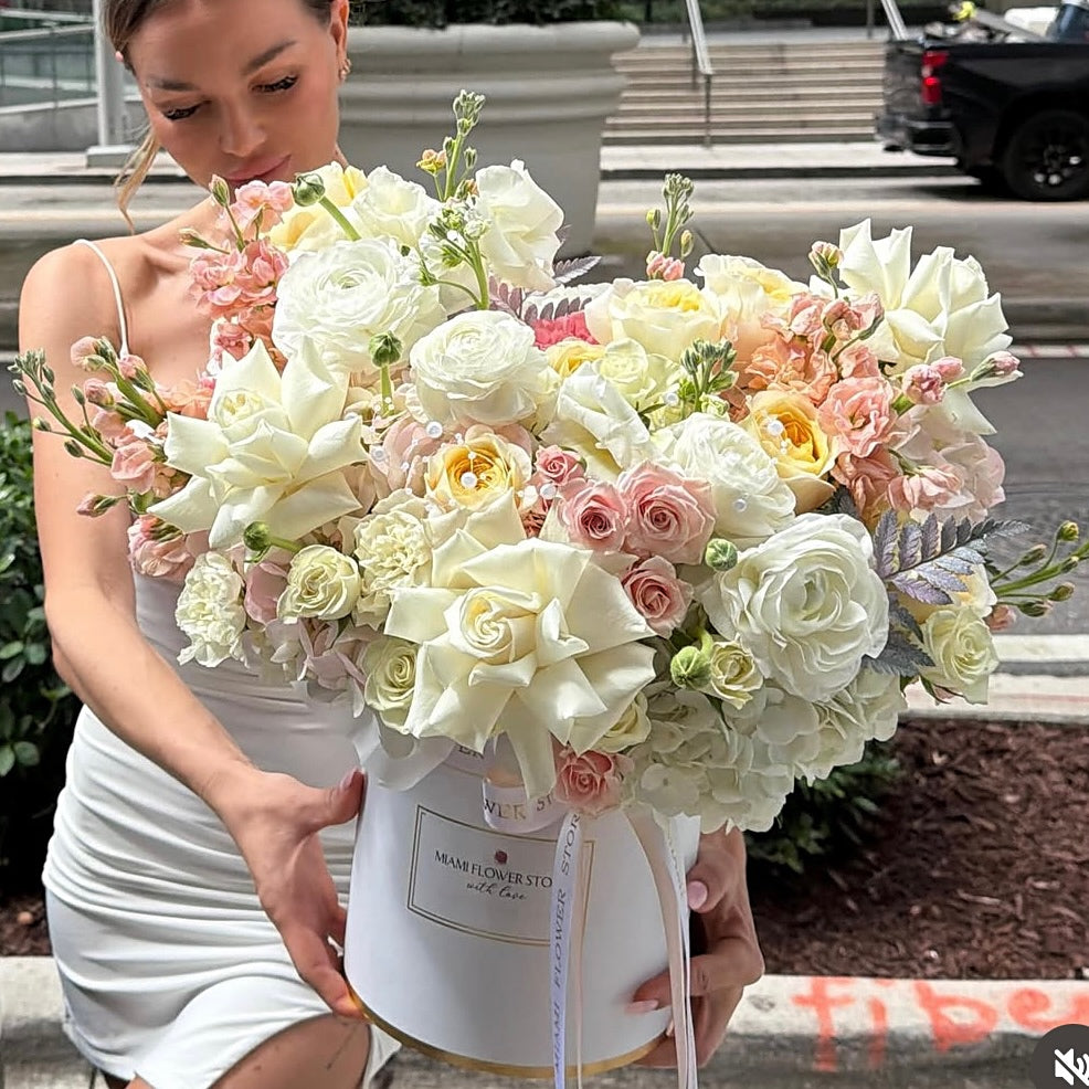 Luxury White And Pink Roses, Carnations, Ranunculus Flower Bouquet In A Box