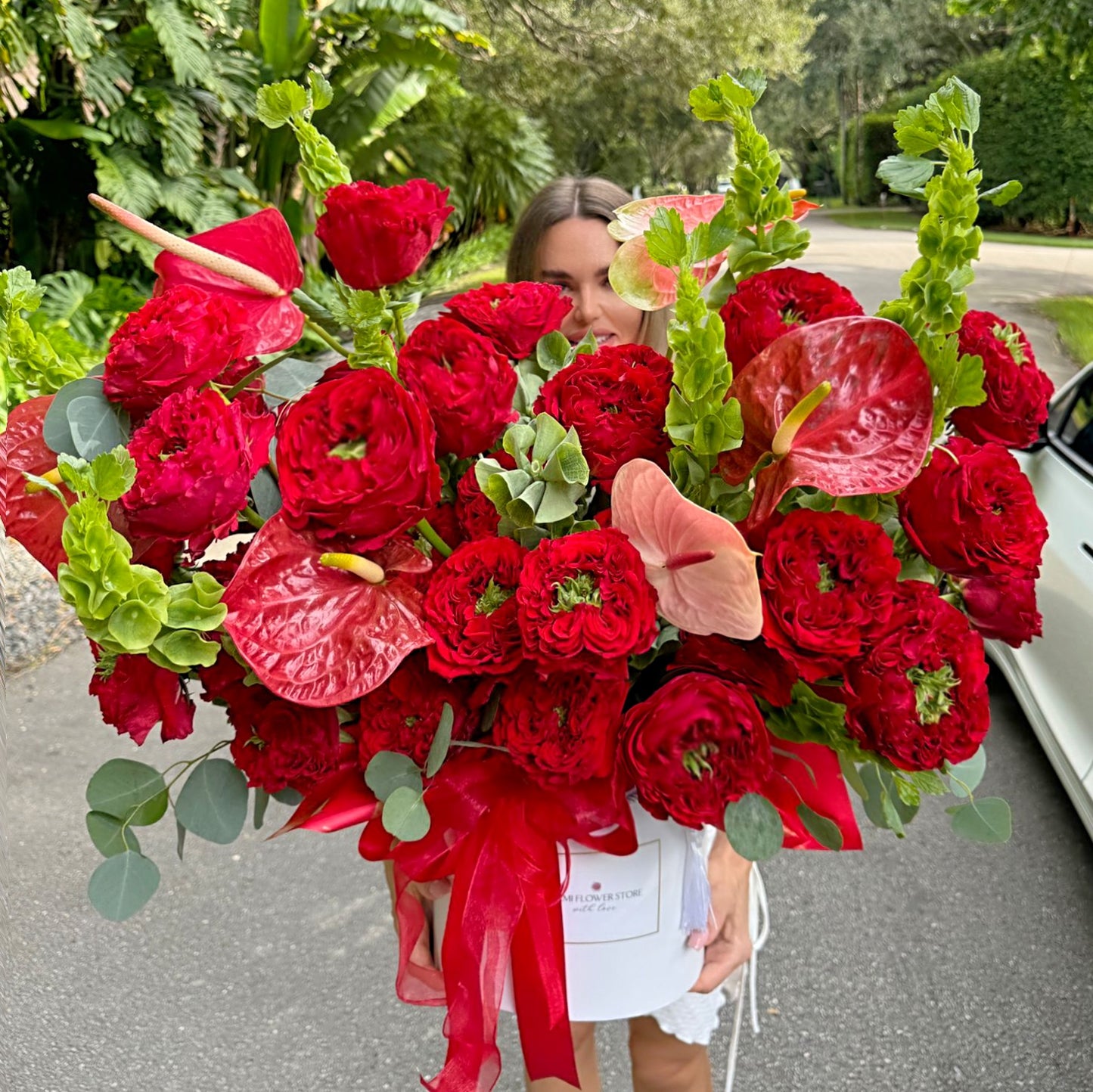 Garden Red Rose & Anthurium Flower Bouquet In A Box - Miami Flower Store Same-Day Delivery Fort Lauderdale Brickell Aventura Las Olas Hallendale Beach Hollywood Sunny Isles
