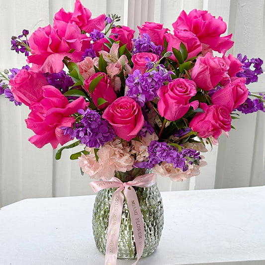 Hot Pink Rose Bouquet In A Vase - Miami Flower Store Same-Day Delivery Fort Lauderdale Brickell Aventura Las Olas Hallendale Beach Hollywood Sunny Isles