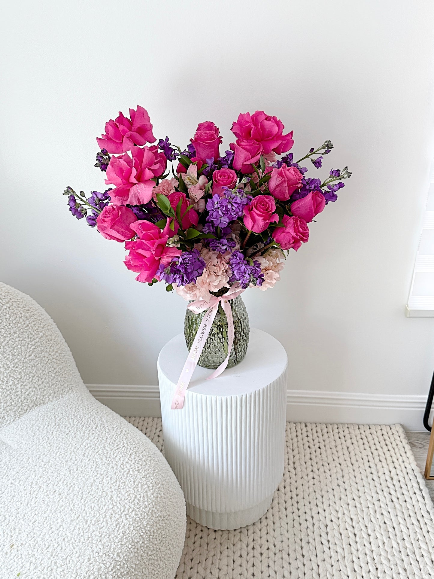 Hot Pink Rose Bouquet In A Vase - Miami Flower Store Same-Day Delivery Fort Lauderdale Brickell Aventura Las Olas Hallendale Beach Hollywood Sunny Isles