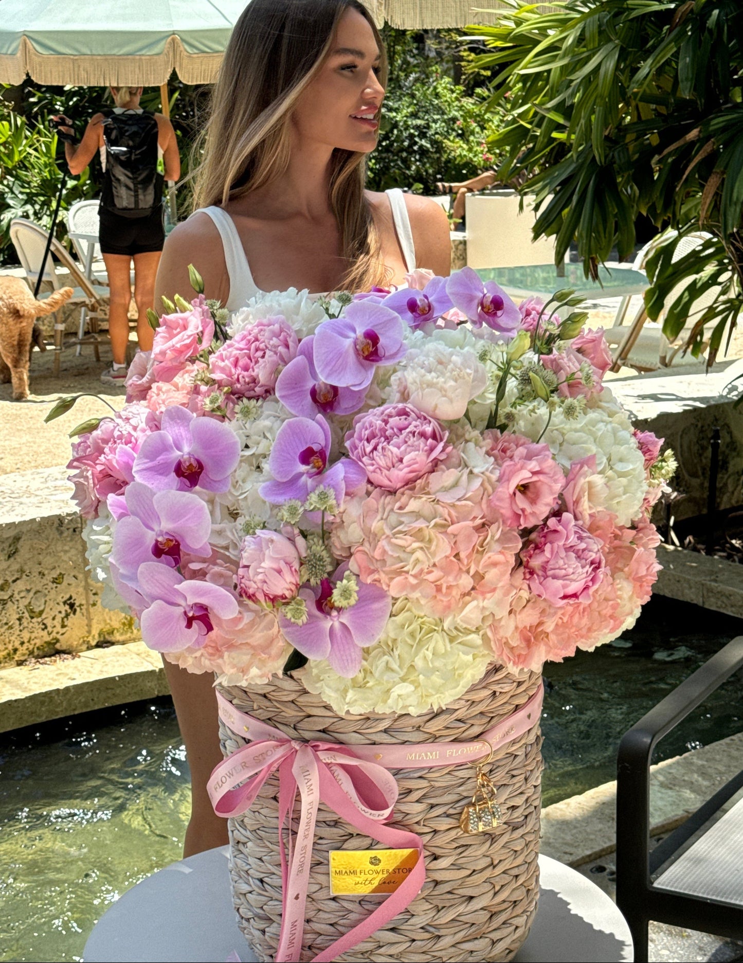 Basket Full Of Hydrangea, Roses, Ranunculus, Orchids - Miami Flower Store Same-Day Delivery Fort Lauderdale Brickell Aventura Las Olas Hallendale Beach Hollywood Sunny Isles