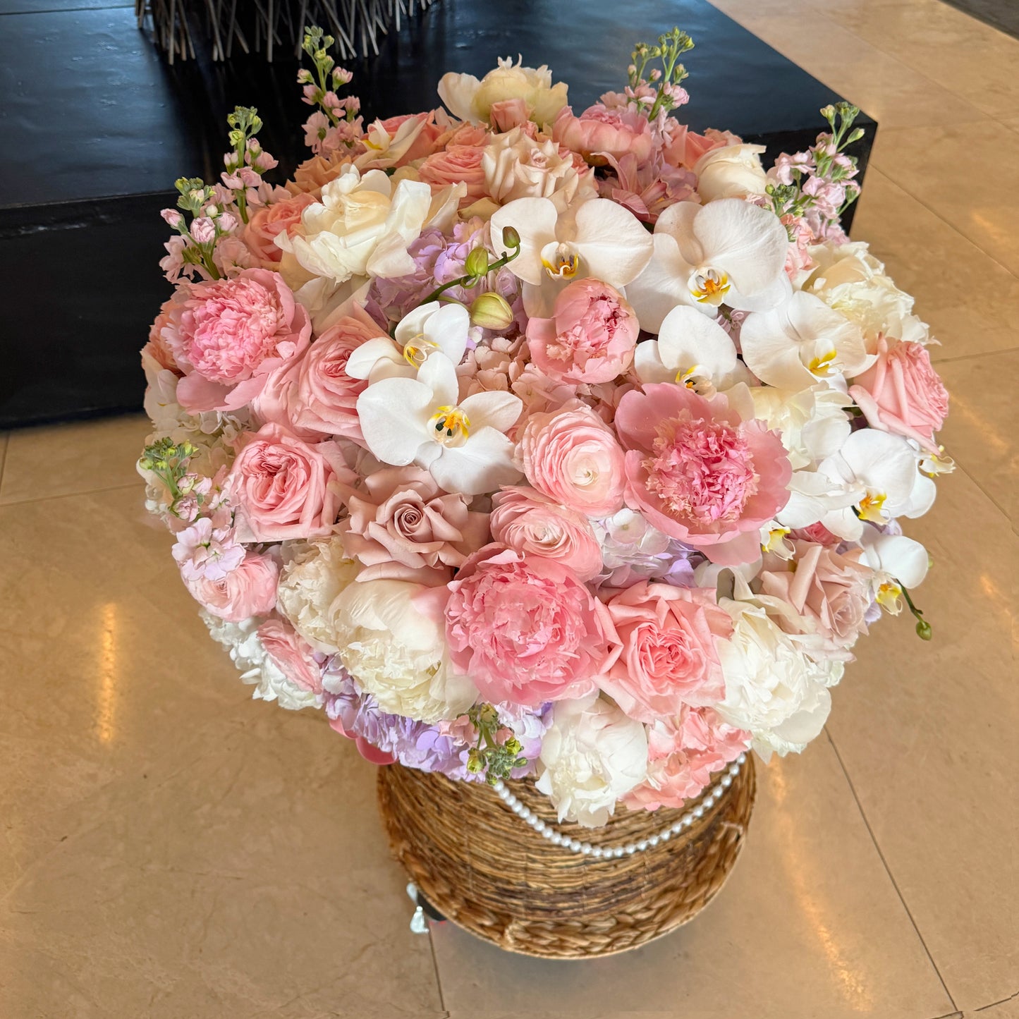 Peonies In A Basket In Miami With Roses, Hydrangea, Ranunculus - Miami Flower Store Same-Day Delivery Fort Lauderdale Brickell Aventura Las Olas Hallendale Beach Hollywood Sunny Isles