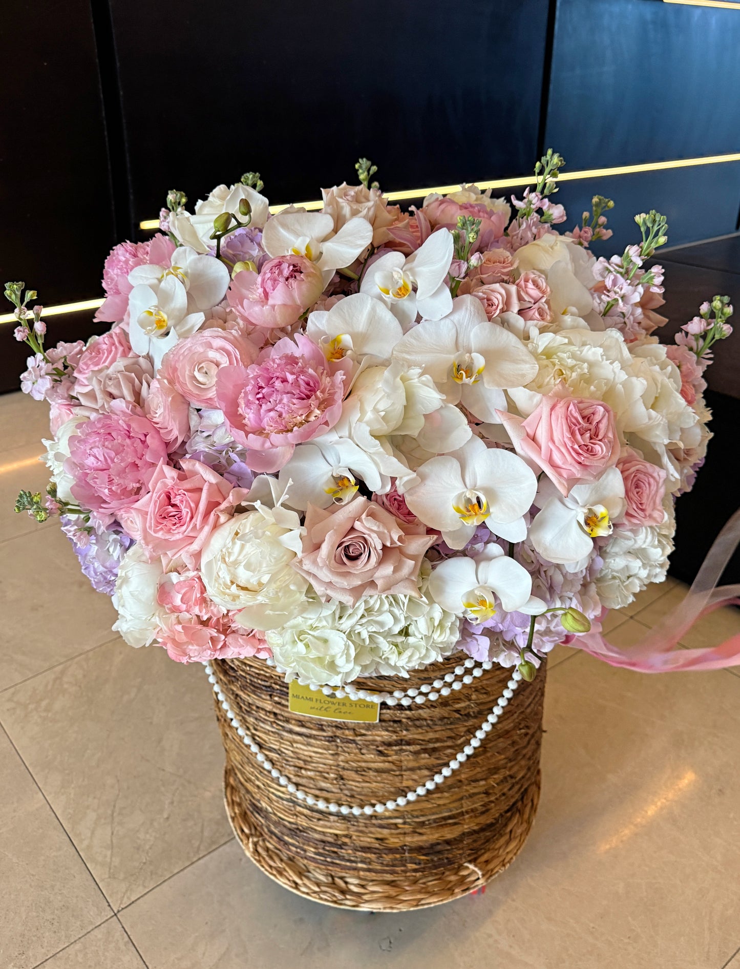Peonies In A Basket In Miami With Roses, Hydrangea, Ranunculus - Miami Flower Store Same-Day Delivery Fort Lauderdale Brickell Aventura Las Olas Hallendale Beach Hollywood Sunny Isles
