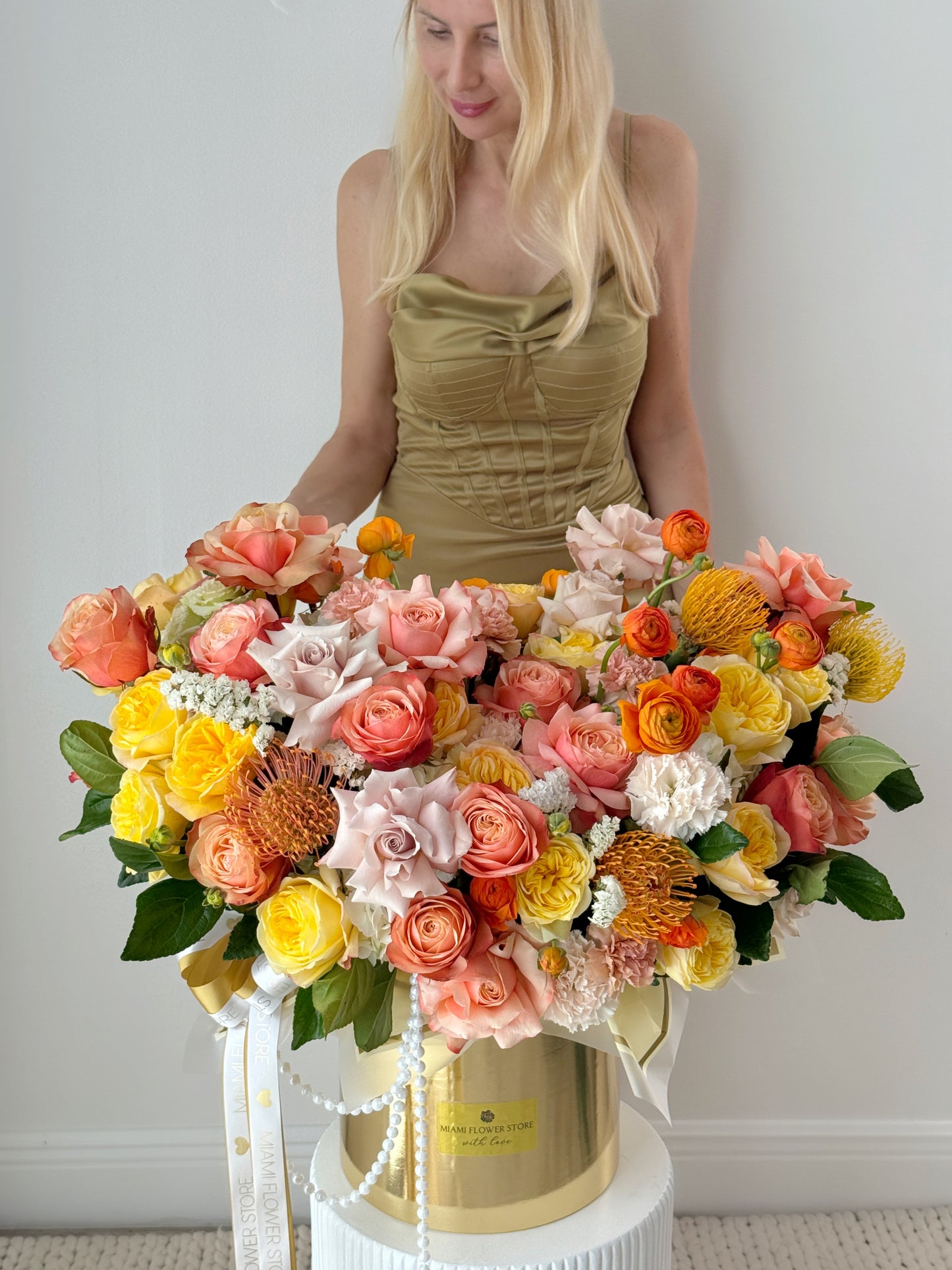 Yellow & Orange Floral Arrangement In Luxury Box - Miami Flower Store Same-Day Delivery Fort Lauderdale Brickell Aventura Las Olas Hallendale Beach Hollywood Sunny Isles