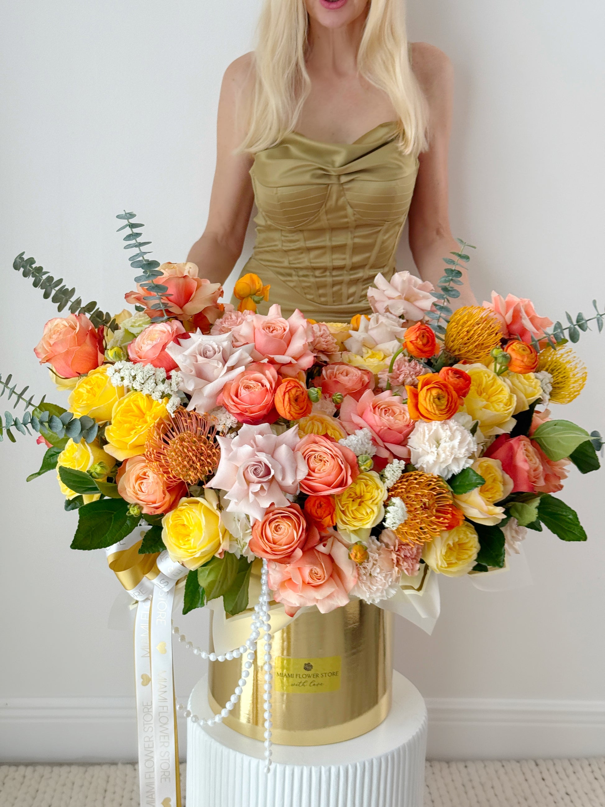 Yellow & Orange Floral Arrangement In Luxury Box - Miami Flower Store Same-Day Delivery Fort Lauderdale Brickell Aventura Las Olas Hallendale Beach Hollywood Sunny Isles