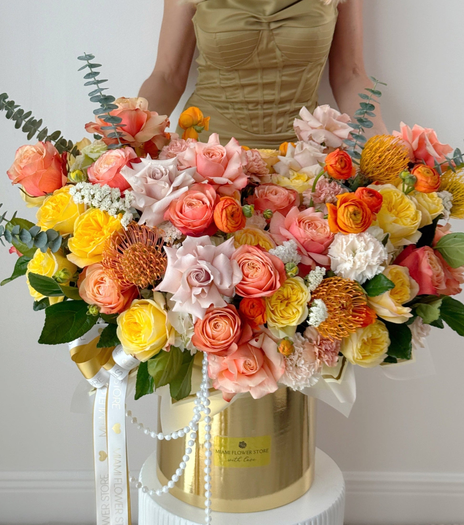 Yellow & Orange Floral Arrangement In Luxury Box - Miami Flower Store Same-Day Delivery Fort Lauderdale Brickell Aventura Las Olas Hallendale Beach Hollywood Sunny Isles