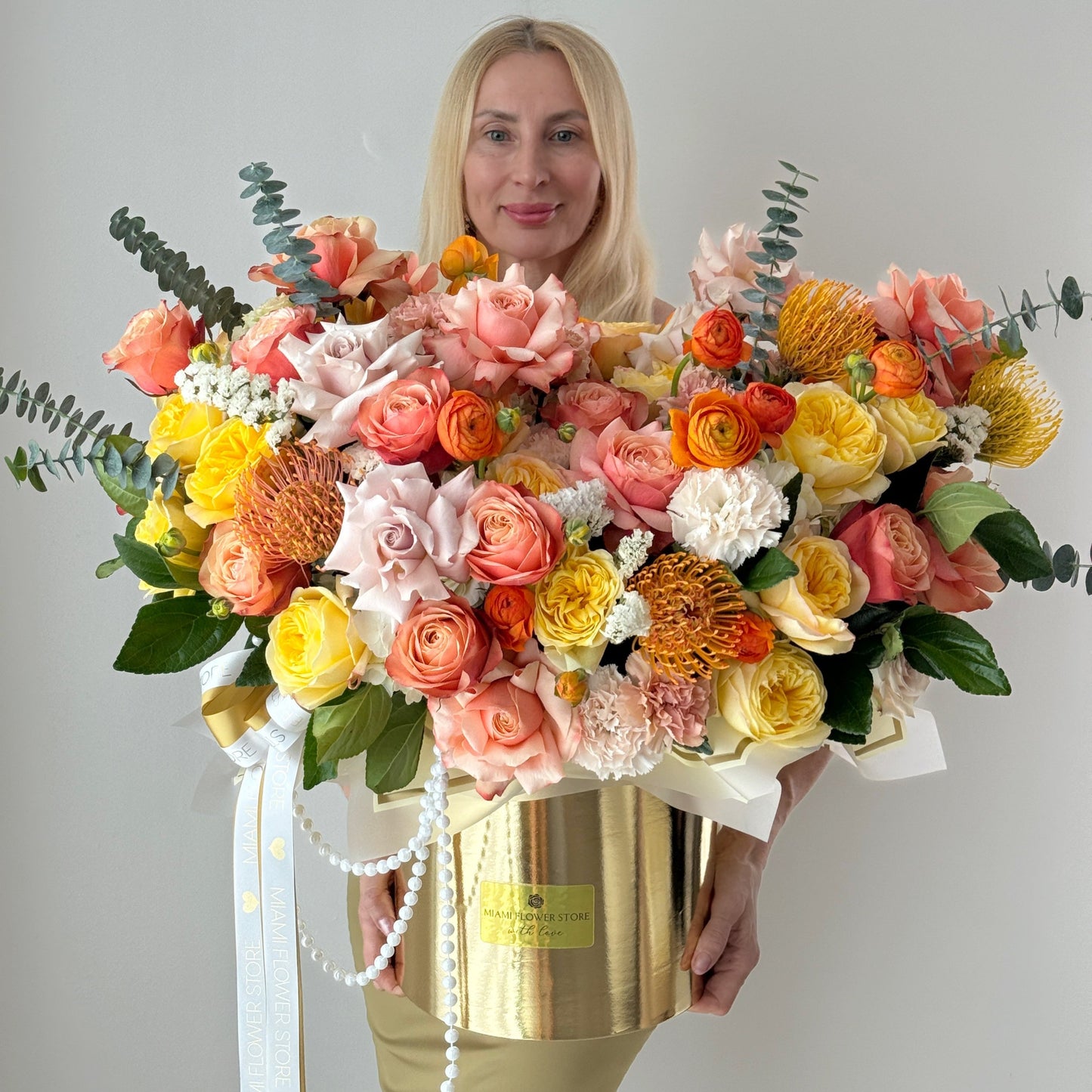 Yellow & Orange Floral Arrangement In Luxury Box - Miami Flower Store Same-Day Delivery Fort Lauderdale Brickell Aventura Las Olas Hallendale Beach Hollywood Sunny Isles