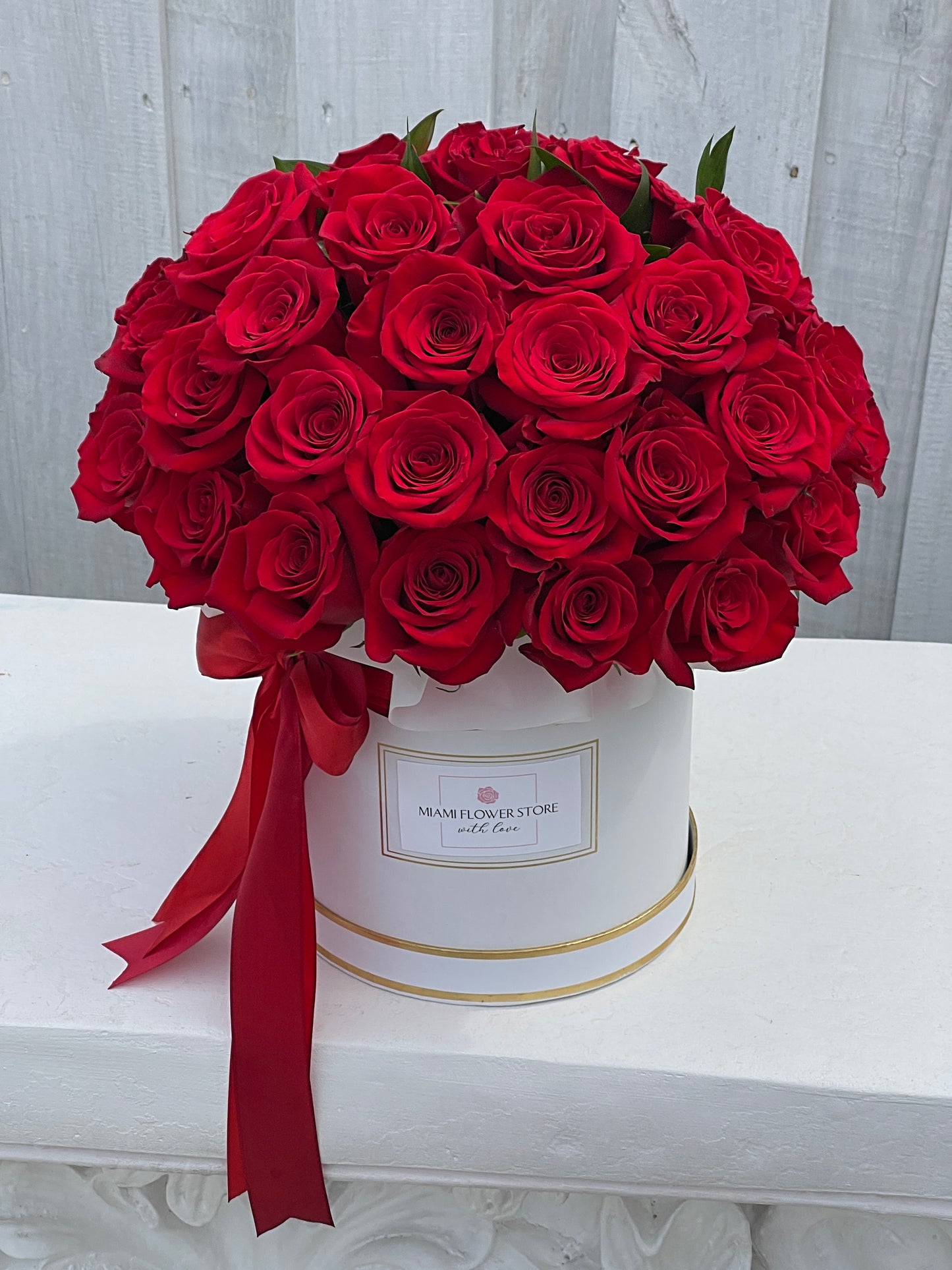 Red Roses Flower Bouquet In Box - Miami Flower Store Same-Day Delivery Fort Lauderdale Brickell Aventura Las Olas Hallendale Beach Hollywood Sunny Isles