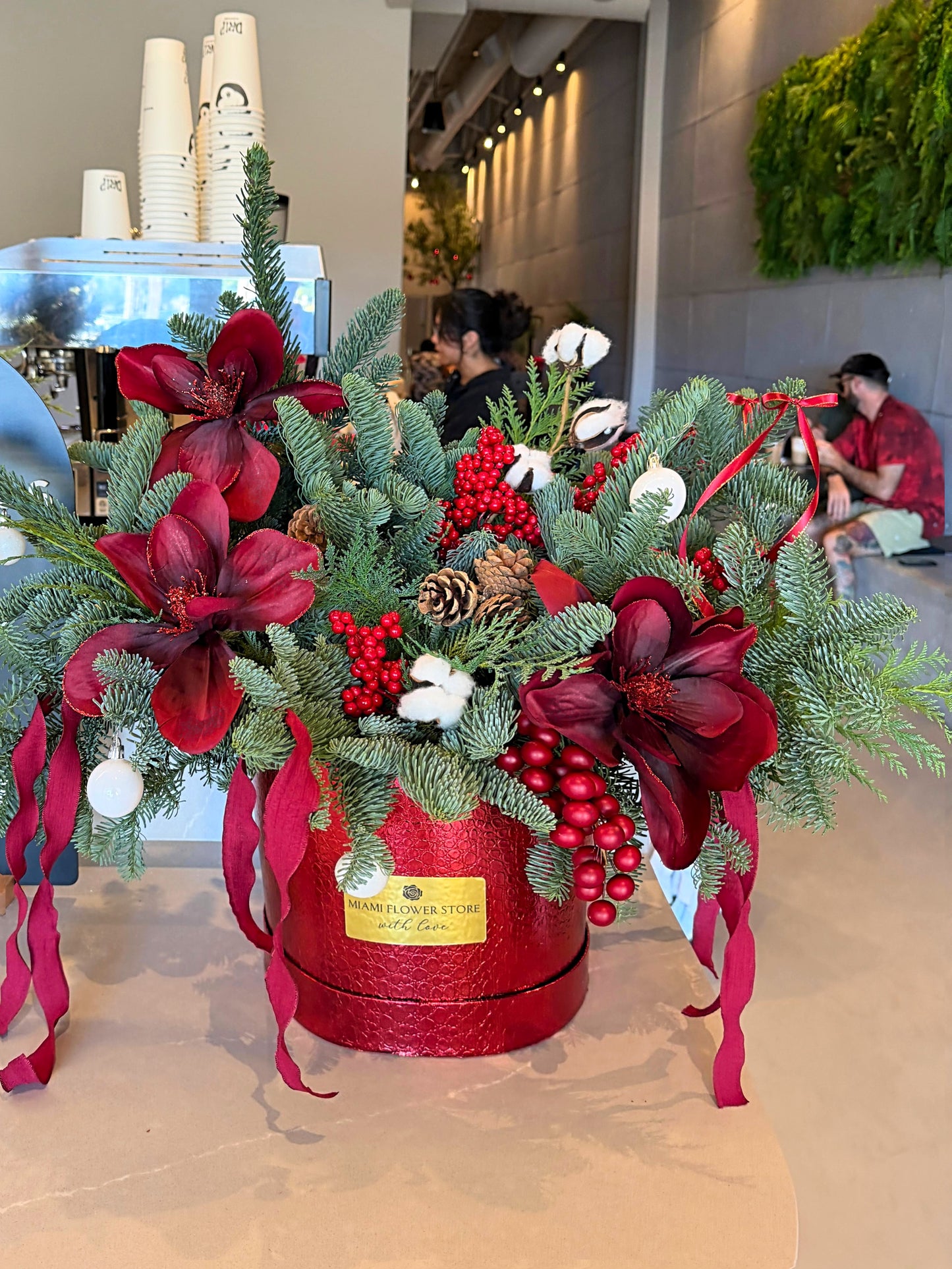 Christmas Flower Arrangement In Red Box - Miami Flower Store Same-Day Delivery Fort Lauderdale Brickell Aventura Las Olas Hallendale Beach Hollywood Sunny Isles
