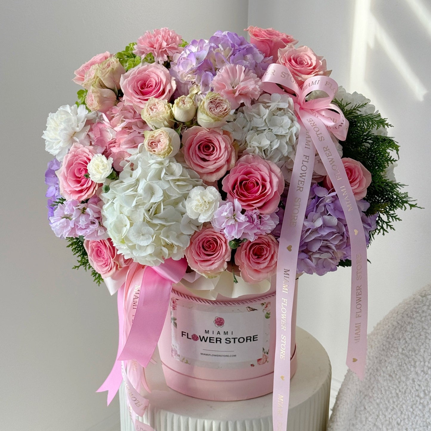 Hydrangea Flower Bouquet With Roses & Spray Roses In A Box - Miami Flower Store Same-Day Delivery Fort Lauderdale Brickell Aventura Las Olas Hallendale Beach Hollywood Sunny Isles