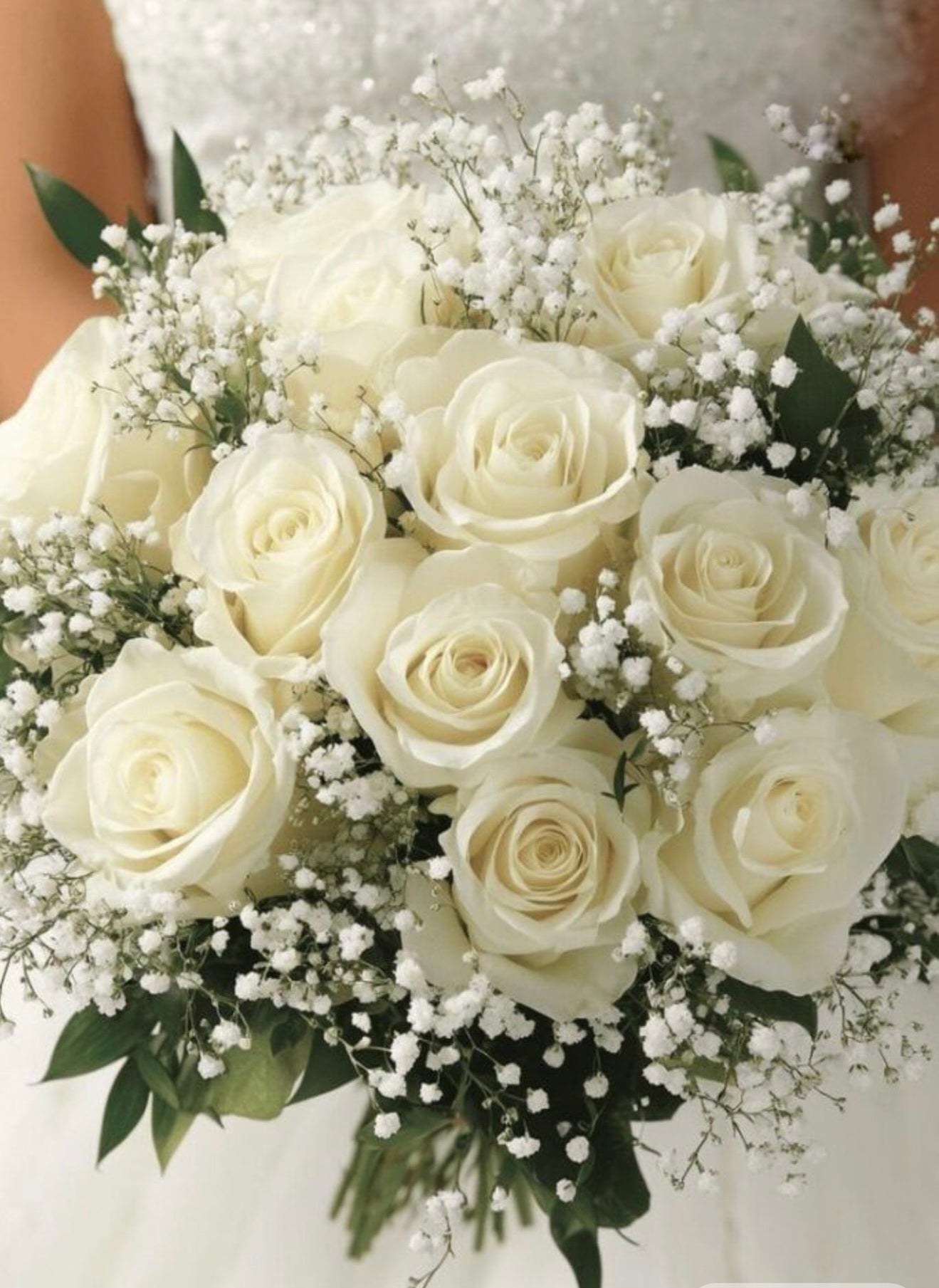 Bridal Wedding Flower Bouquet From Baby's Breath And White Roses - Miami Flower Store Same-Day Delivery Fort Lauderdale Brickell Aventura Las Olas Hallendale Beach Hollywood Sunny Isles