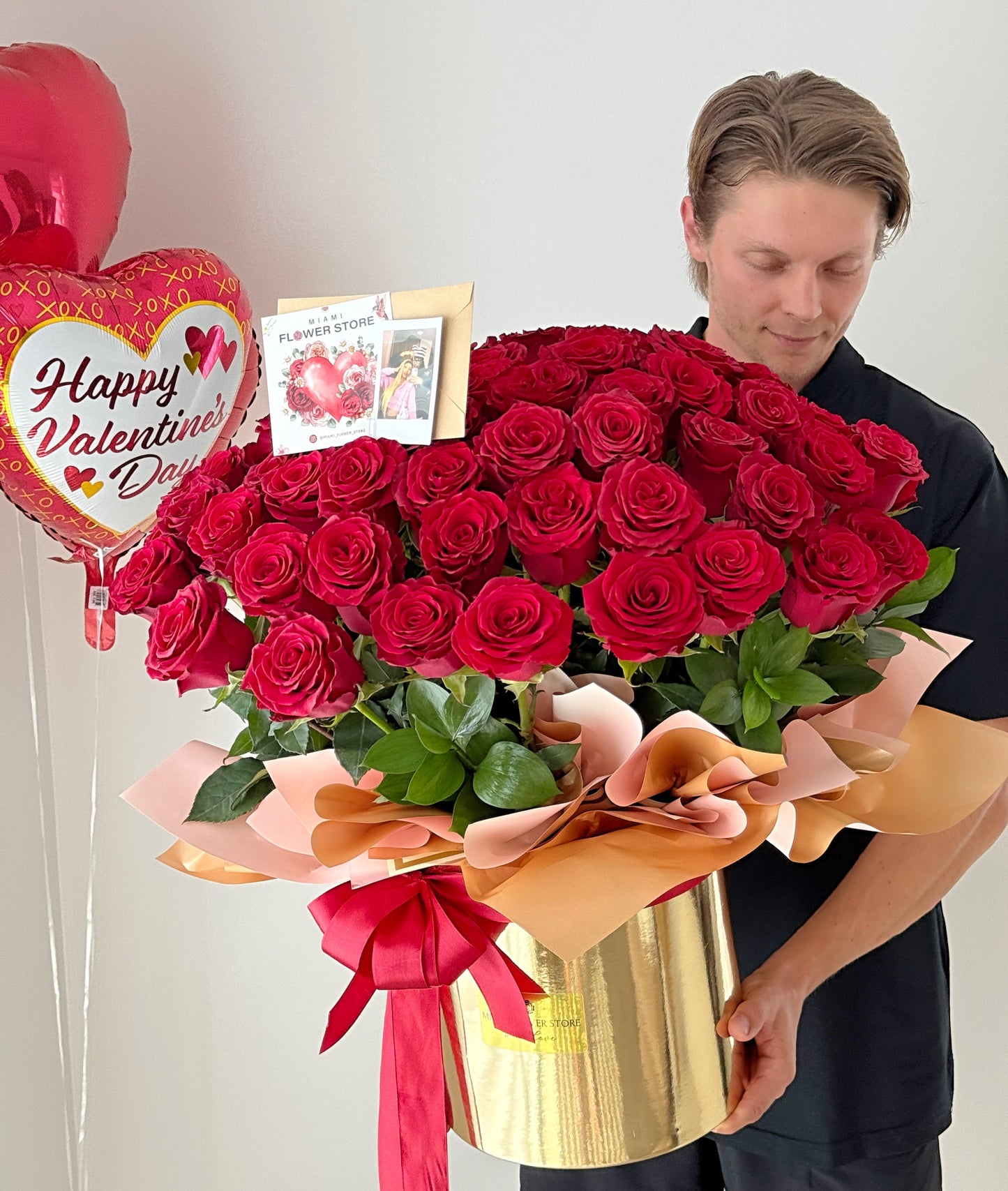 50 Red Rose Flower Bouquet In A Box | Long Stem Red Roses - Miami Flower Store Same-Day Delivery Fort Lauderdale Brickell Aventura Las Olas Hallendale Beach Hollywood Sunny Isles