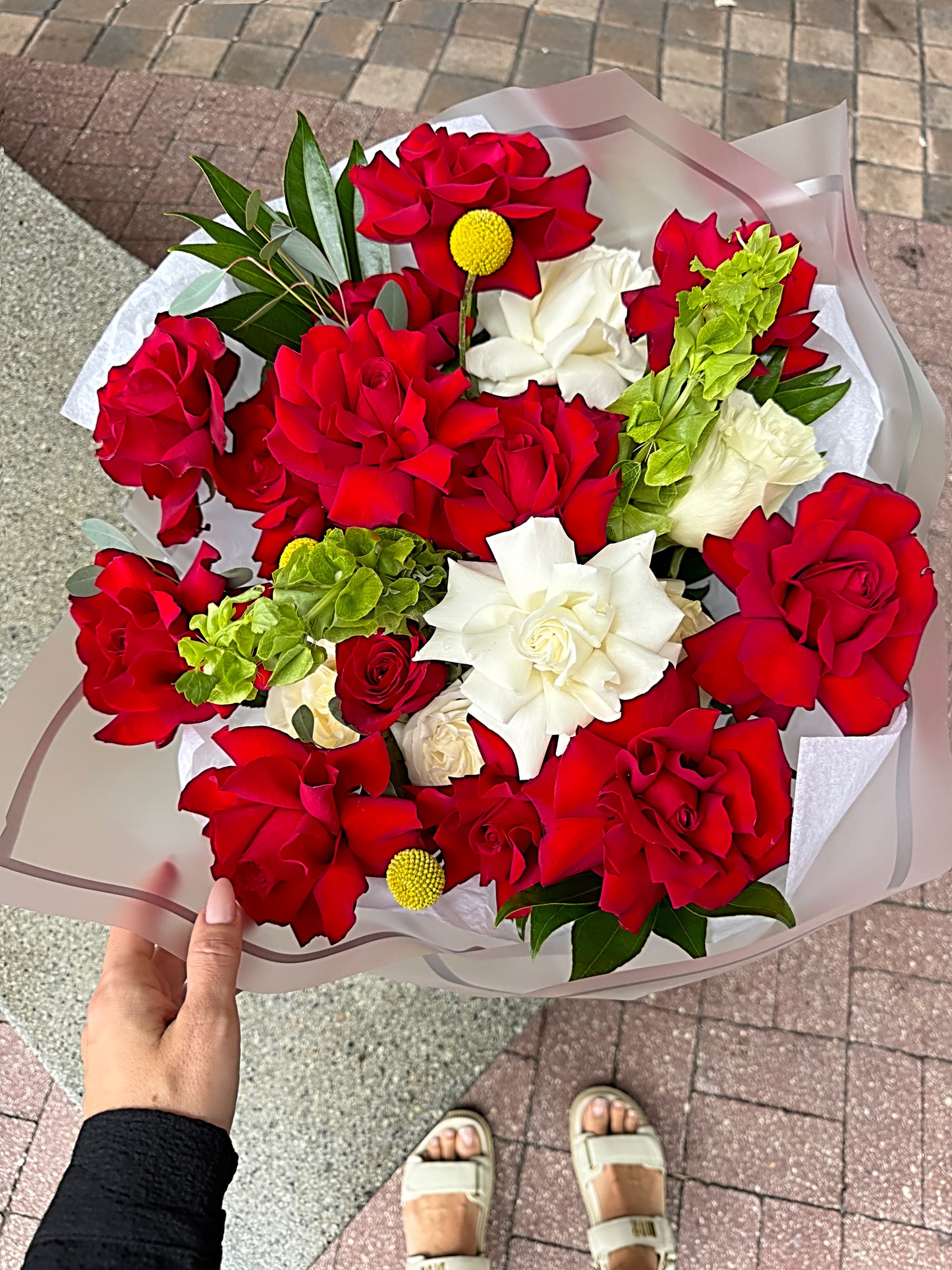 Red And White Rose Flower Bouquet With Greens - Miami Flower Store Same-Day Delivery Fort Lauderdale Brickell Aventura Las Olas Hallendale Beach Hollywood Sunny Isles