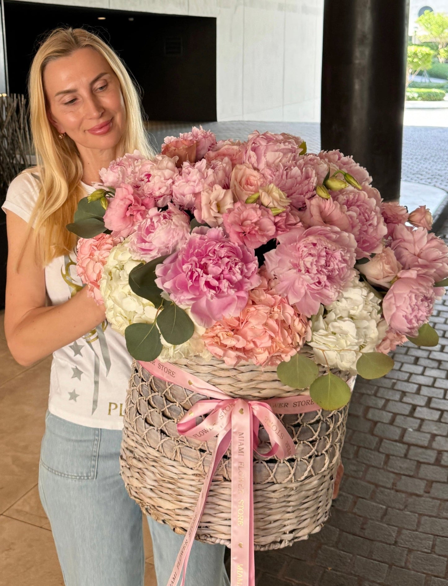 Pink Peonies In A Tall Basket In Miami - Miami Flower Store Same-Day Delivery Fort Lauderdale Brickell Aventura Las Olas Hallendale Beach Hollywood Sunny Isles