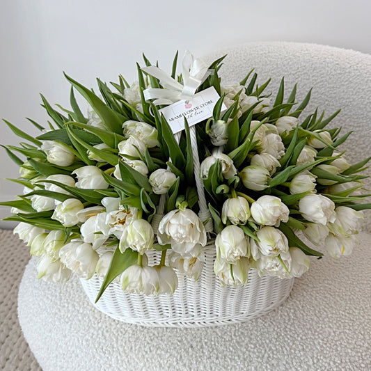 100-150 White Tulips Flower Bouquet In A Basket - Miami Flower Store Same-Day Delivery Fort Lauderdale Brickell Aventura Las Olas Hallendale Beach Hollywood Sunny Isles