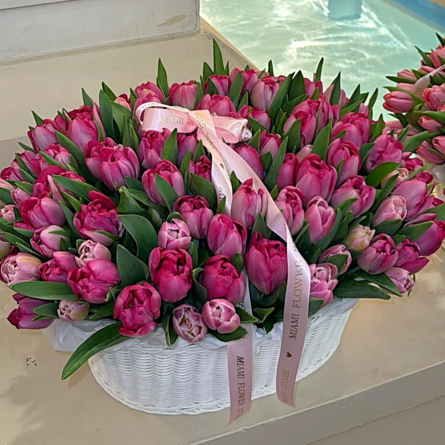 100-150 Pink Tulip Flower Bouquet In A Basket - Miami Flower Store Same-Day Delivery Fort Lauderdale Brickell Aventura Las Olas Hallendale Beach Hollywood Sunny Isles