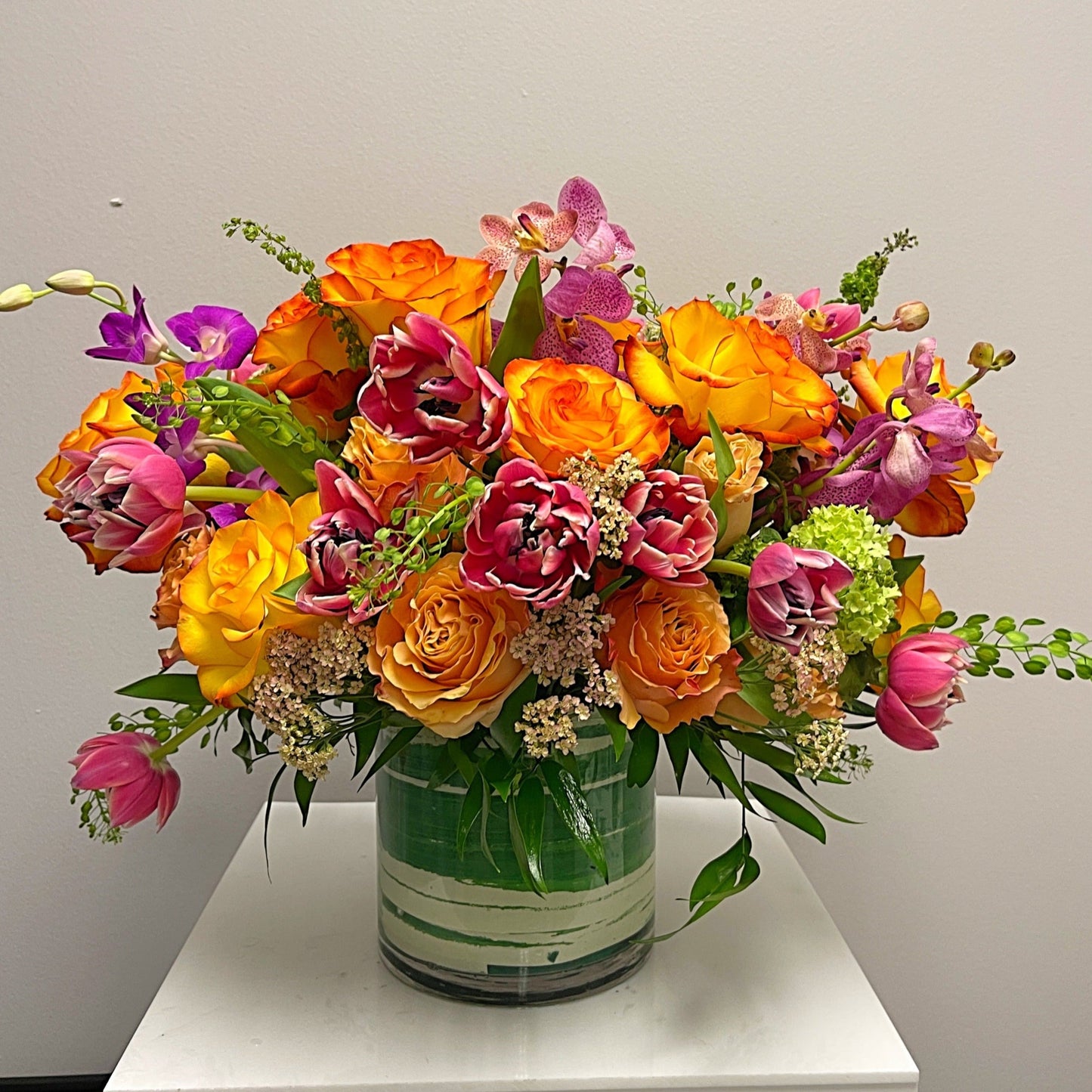 Orange Roses And Tulips Flower Bouquet In A Vase - Miami Flower Store Same-Day Delivery Fort Lauderdale Brickell Aventura Las Olas Hallendale Beach Hollywood Sunny Isles