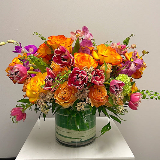 Orange Roses And Tulips Flower Bouquet In A Vase - Miami Flower Store Same-Day Delivery Fort Lauderdale Brickell Aventura Las Olas Hallendale Beach Hollywood Sunny Isles