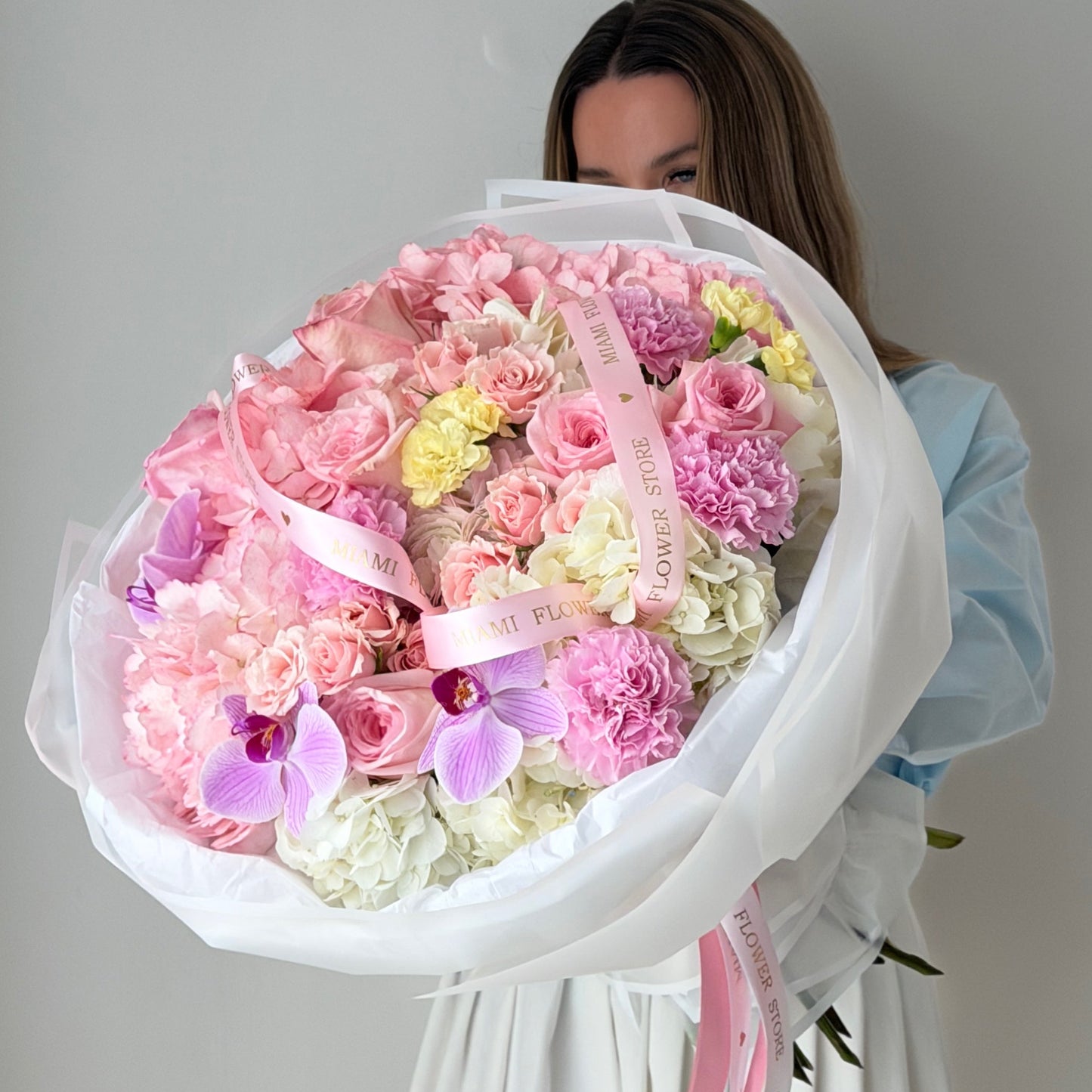 Pink Rose Flower Bouquet With Purple Orchids & Pink Hydrangea - Miami Flower Store Same-Day Delivery Fort Lauderdale Brickell Aventura Las Olas Hallendale Beach Hollywood Sunny Isles