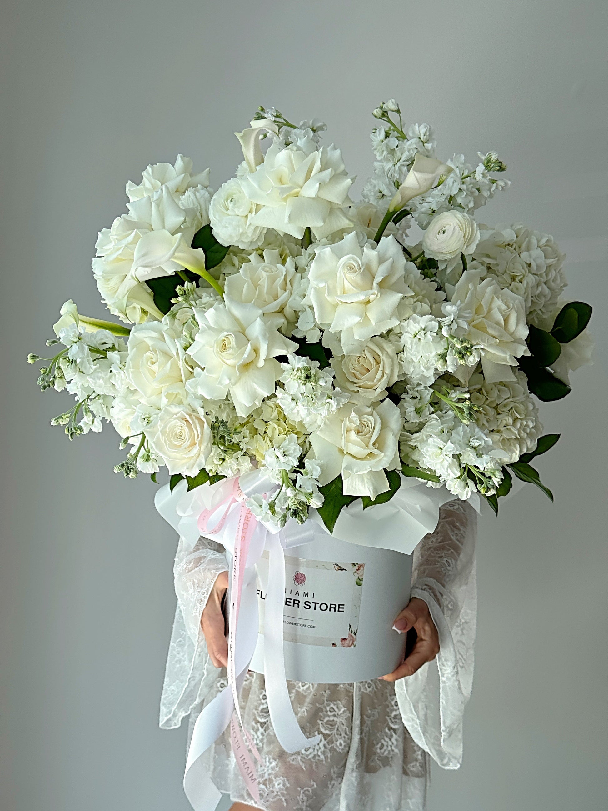 White Rose, Callas, Ranunculus, & Stock Flower Bouquet In A Box - Miami Flower Store Same-Day Delivery Fort Lauderdale Brickell Aventura Las Olas Hallendale Beach Hollywood Sunny Isles
