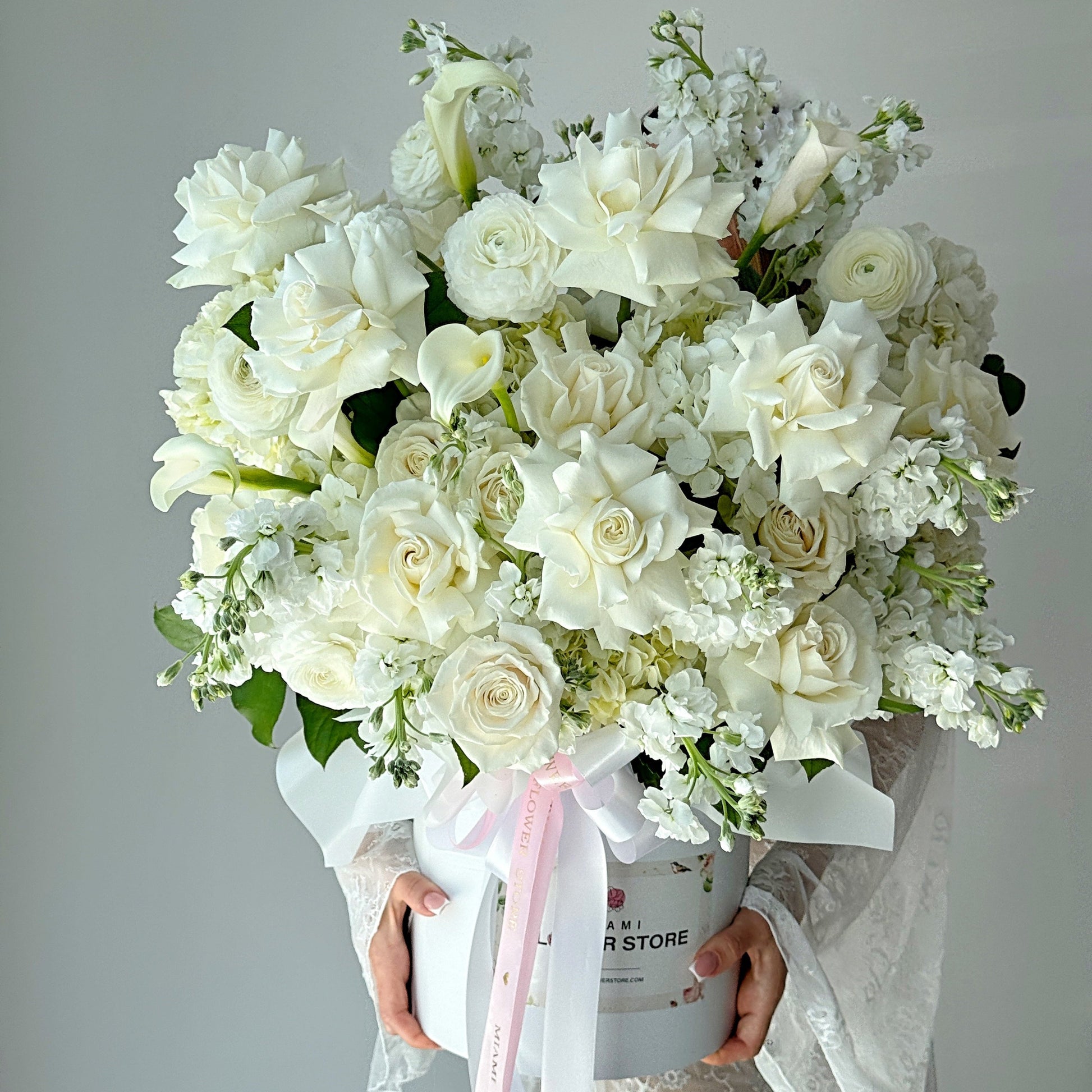 White Rose, Callas, Ranunculus, & Stock Flower Bouquet In A Box - Miami Flower Store Same-Day Delivery Fort Lauderdale Brickell Aventura Las Olas Hallendale Beach Hollywood Sunny Isles
