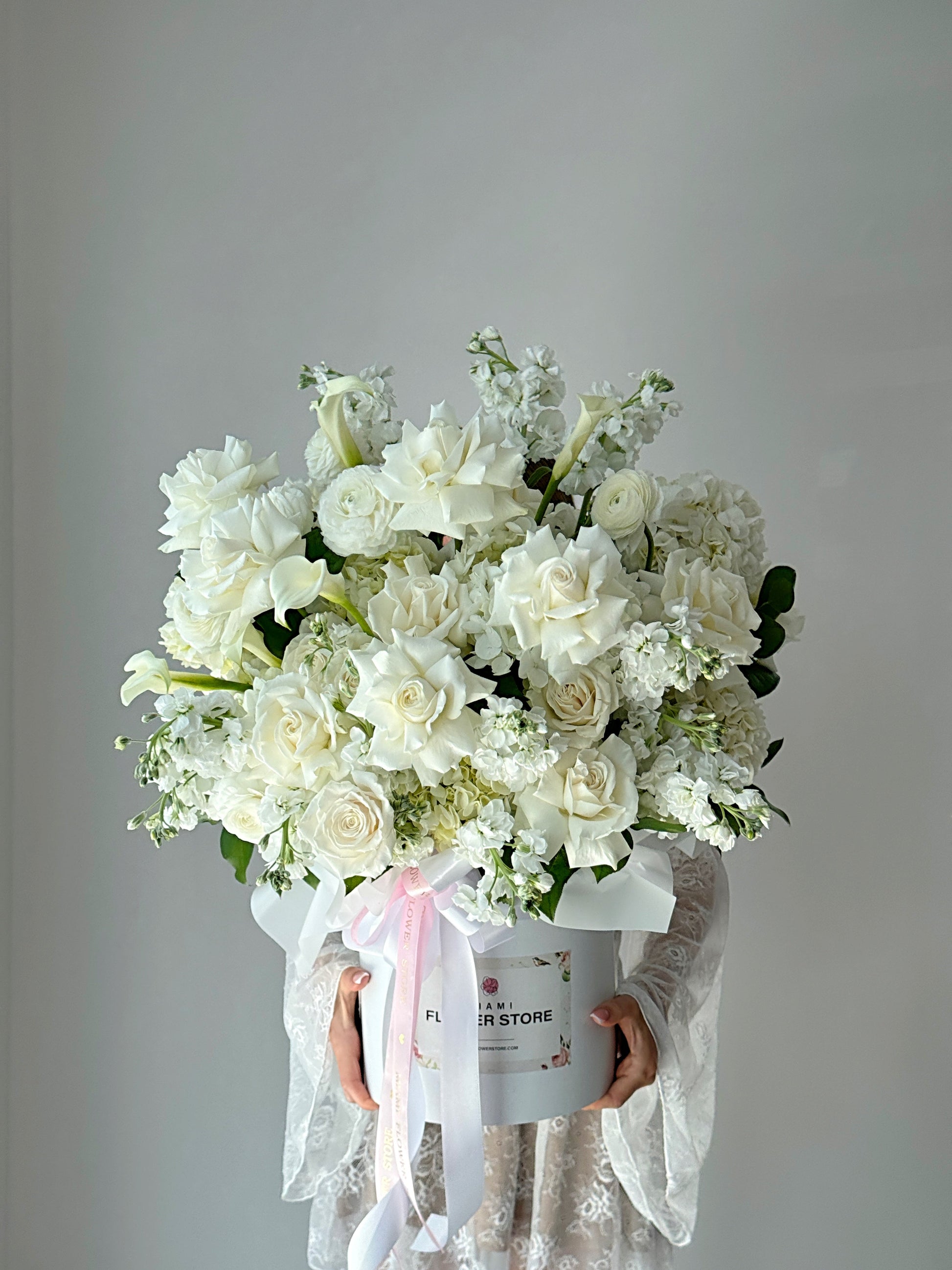 White Rose, Callas, Ranunculus, & Stock Flower Bouquet In A Box - Miami Flower Store Same-Day Delivery Fort Lauderdale Brickell Aventura Las Olas Hallendale Beach Hollywood Sunny Isles