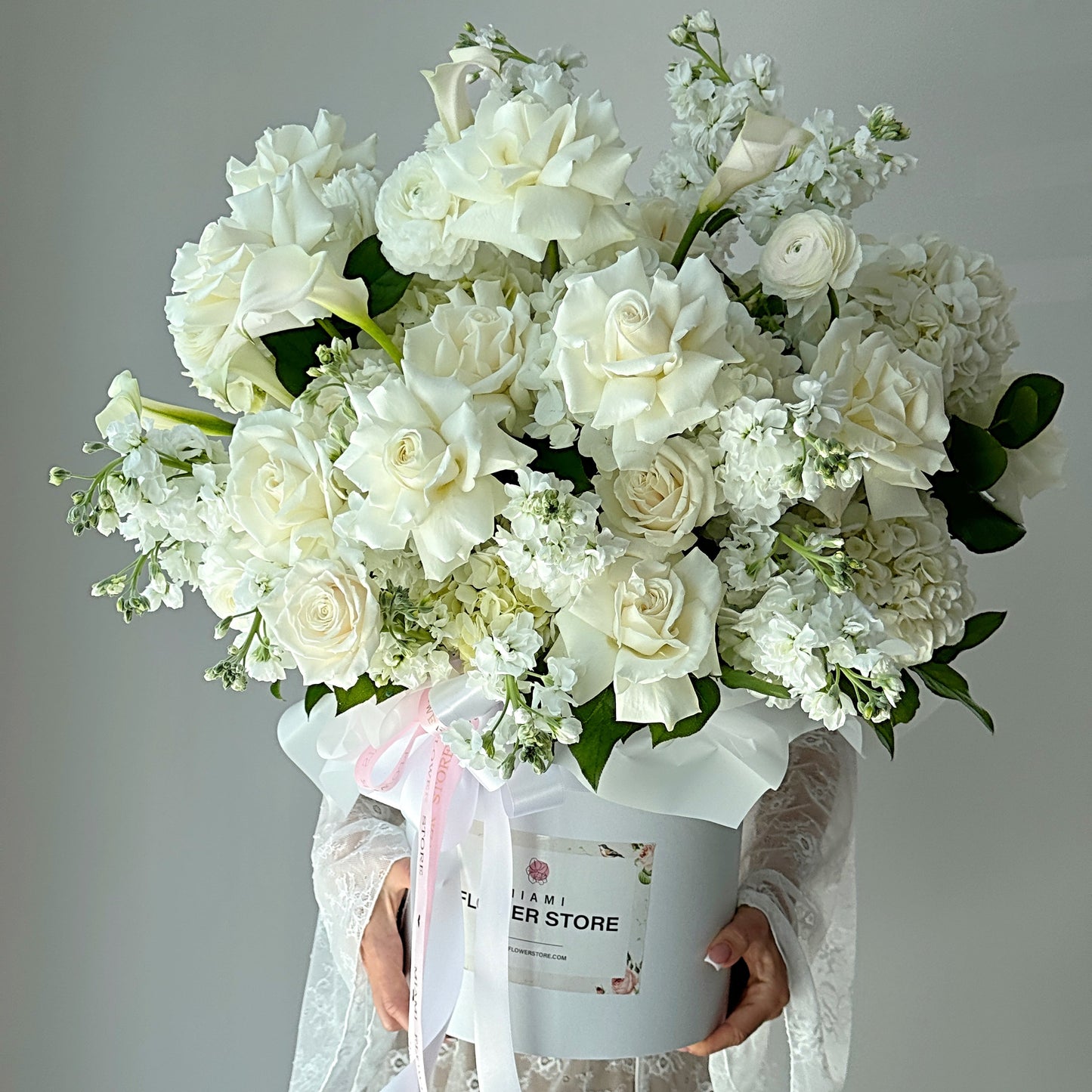 White Rose, Callas, Ranunculus, & Stock Flower Bouquet In A Box - Miami Flower Store Same-Day Delivery Fort Lauderdale Brickell Aventura Las Olas Hallendale Beach Hollywood Sunny Isles