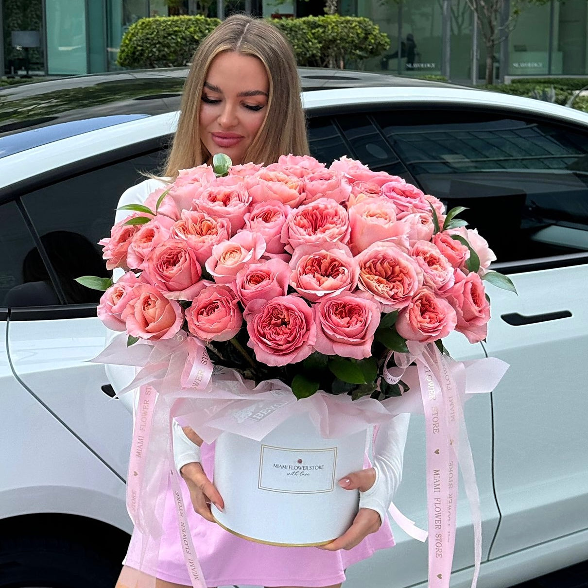 50 Red Rose Flower Bouquet In A Box | Long Stem Red Roses - Miami Flower Store Same-Day Delivery Fort Lauderdale Brickell Aventura Las Olas Hallendale Beach Hollywood Sunny Isles