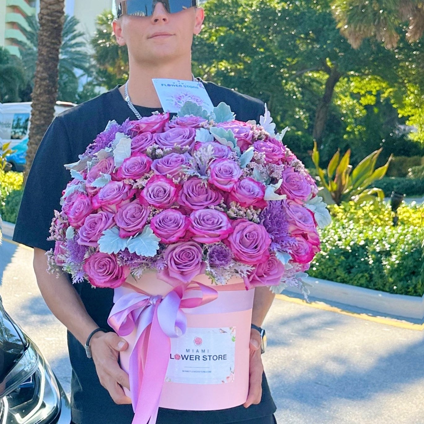 Purple Rose Flower Bouquet In A Box - Miami Flower Store Same-Day Delivery Fort Lauderdale Brickell Aventura Las Olas Hallendale Beach Hollywood Sunny Isles