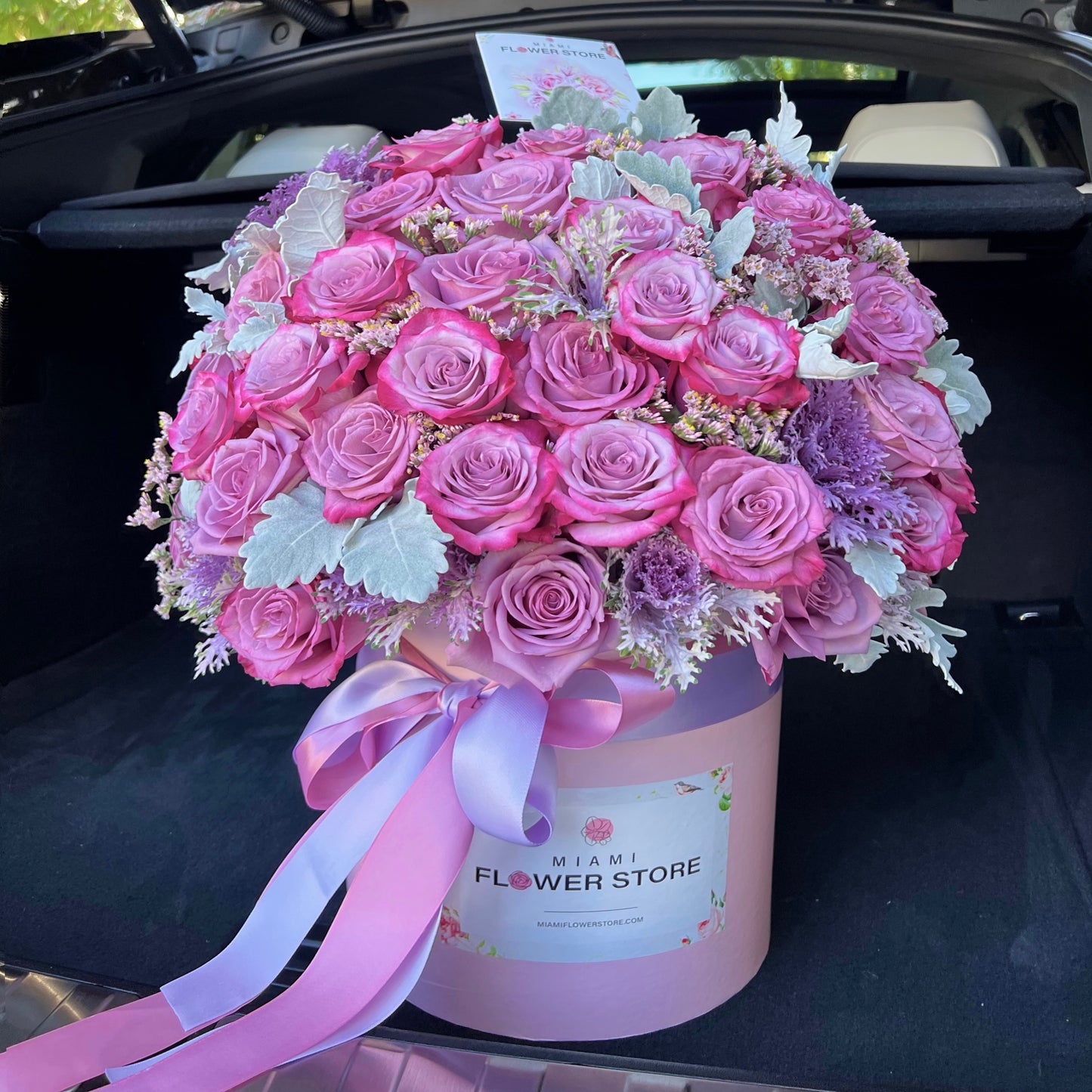 Purple Rose Flower Bouquet In A Box - Miami Flower Store Same-Day Delivery Fort Lauderdale Brickell Aventura Las Olas Hallendale Beach Hollywood Sunny Isles