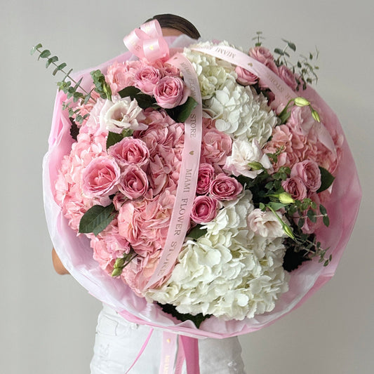 Pink & White Hydrangea Flower Bouquet With Roses & Spray Roses - Miami Flower Store Same-Day Delivery Fort Lauderdale Brickell Aventura Las Olas Hallendale Beach Hollywood Sunny Isles