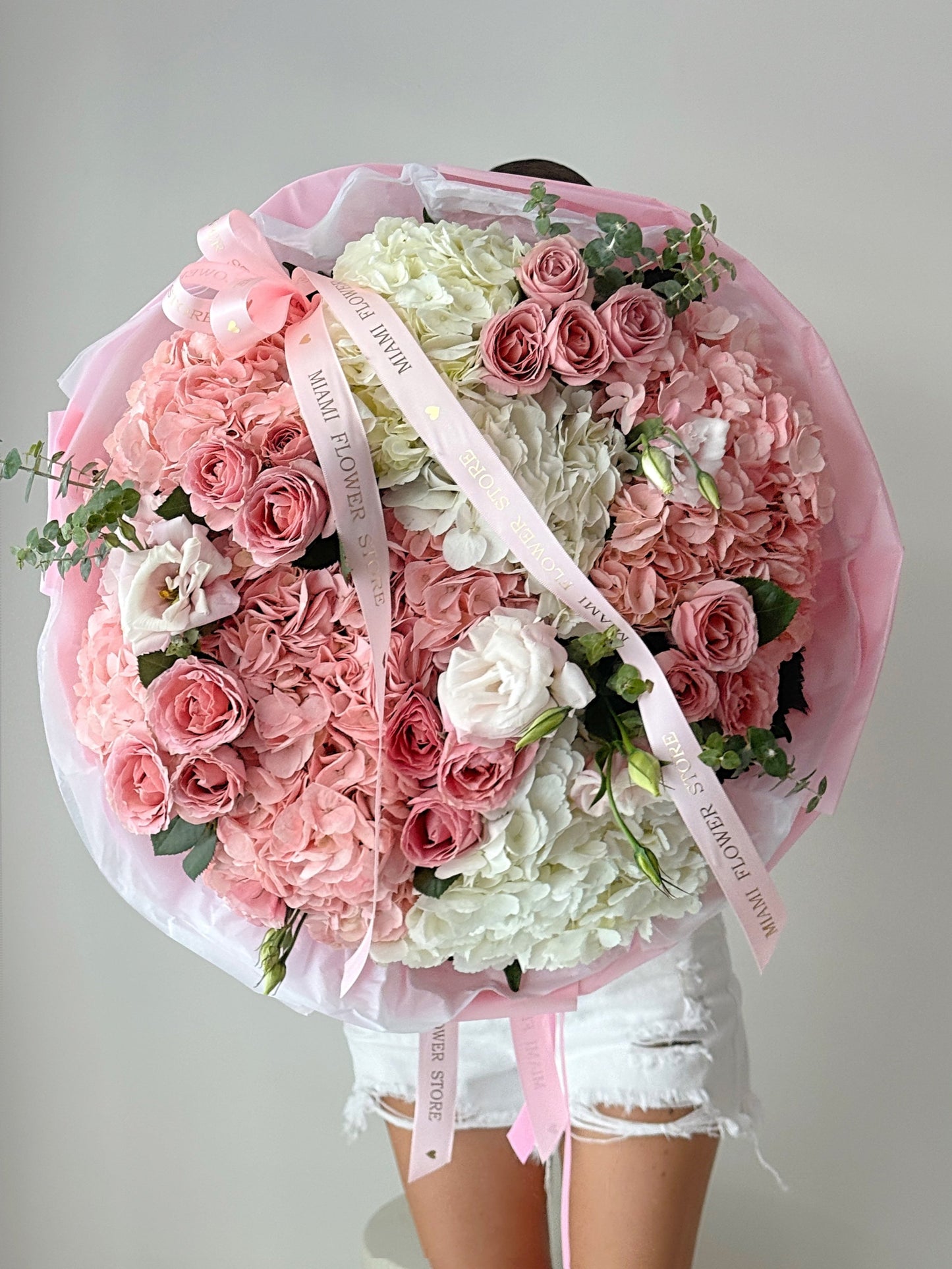 Pink & White Hydrangea Flower Bouquet With Roses & Spray Roses - Miami Flower Store Same-Day Delivery Fort Lauderdale Brickell Aventura Las Olas Hallendale Beach Hollywood Sunny Isles