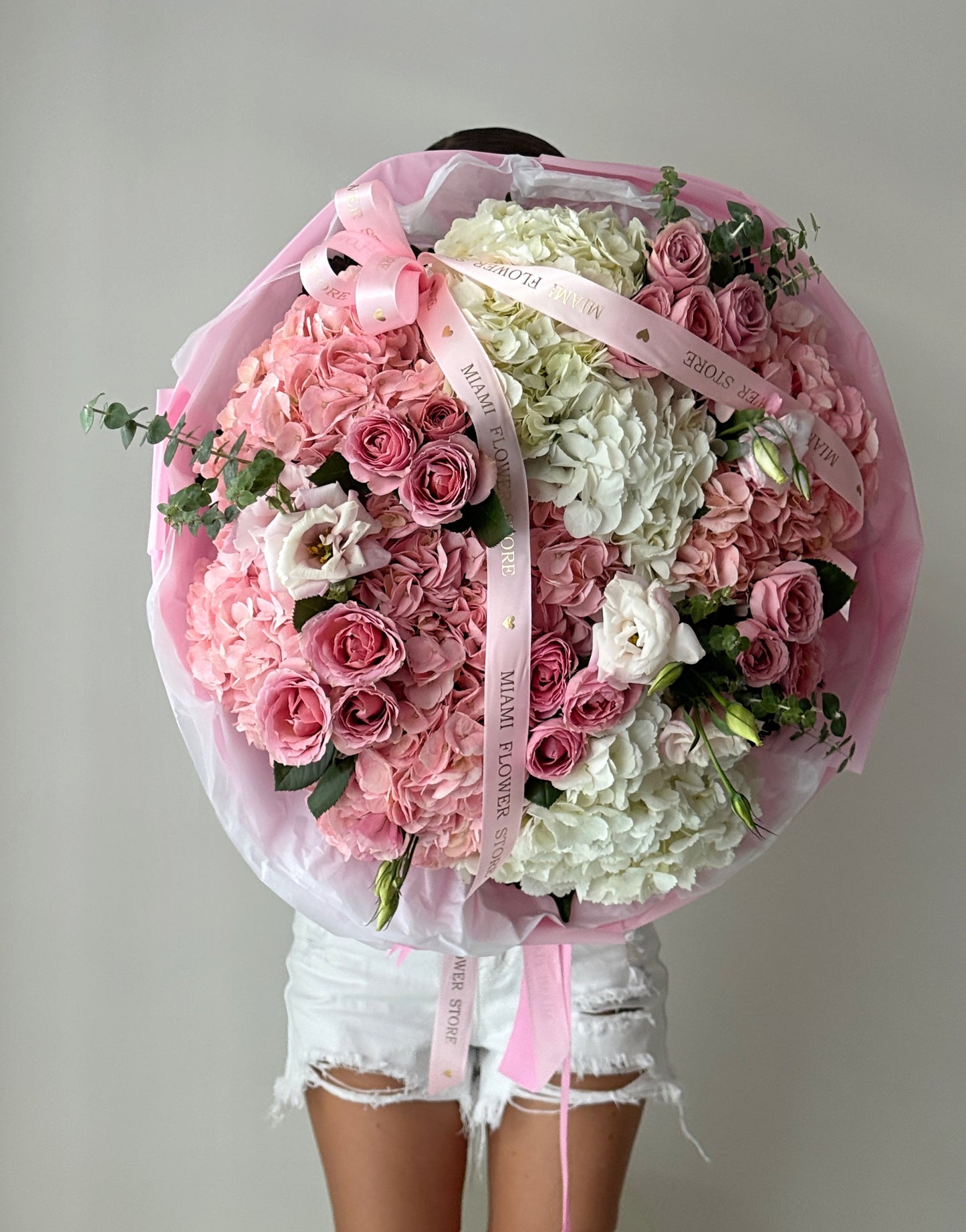 Pink & White Hydrangea Flower Bouquet With Roses & Spray Roses - Miami Flower Store Same-Day Delivery Fort Lauderdale Brickell Aventura Las Olas Hallendale Beach Hollywood Sunny Isles