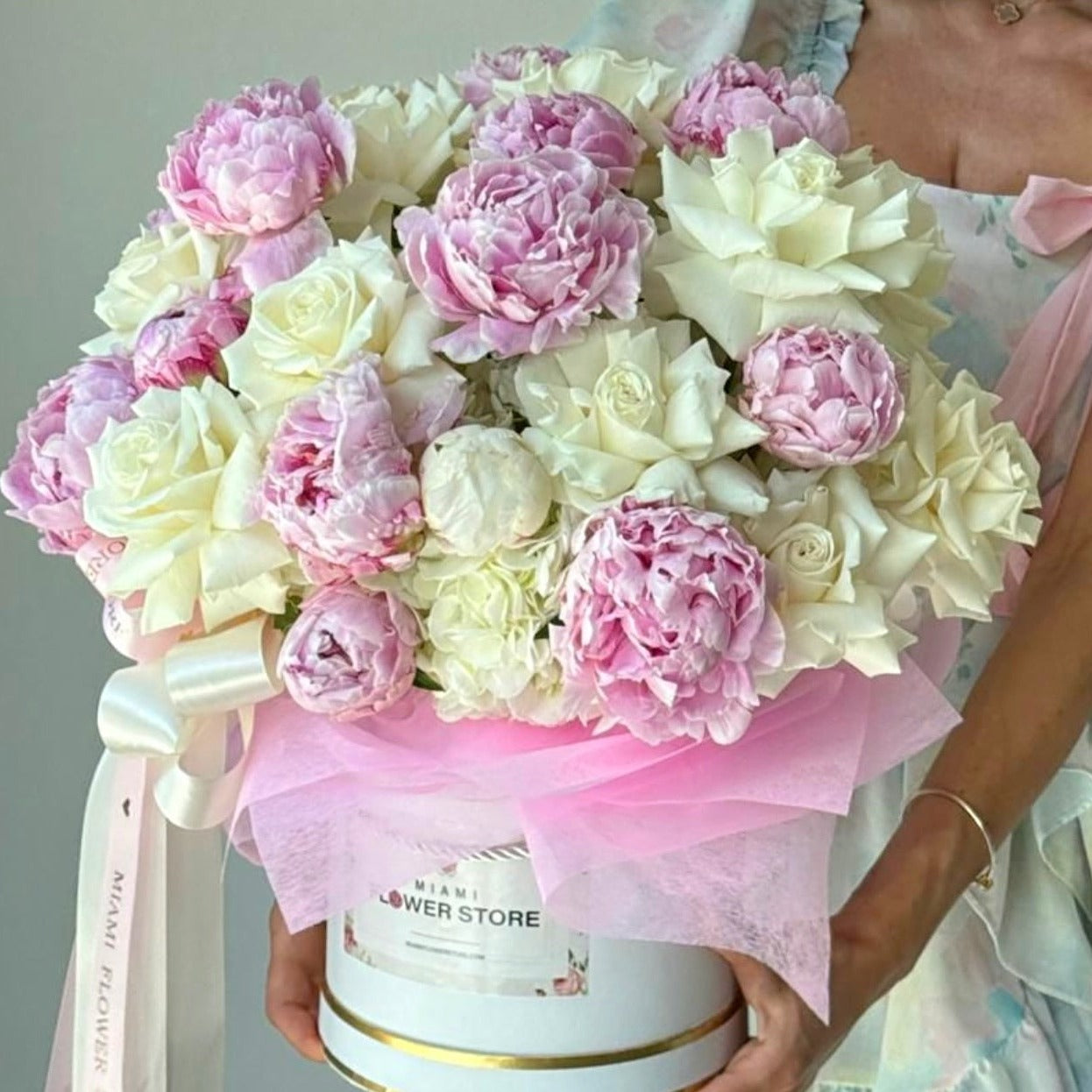 Peony Flower Bouquet With Hydrangea & White Roses In A Box - Miami Flower Store Same-Day Delivery Fort Lauderdale Brickell Aventura Las Olas Hallendale Beach Hollywood Sunny Isles