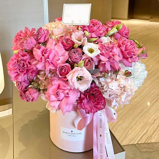 Pink Garden Roses, Hydrangeas & Lisianthus Flower Bouquet In A Box - Miami Flower Store Same-Day Delivery Fort Lauderdale Brickell Aventura Las Olas Hallendale Beach Hollywood Sunny Isles