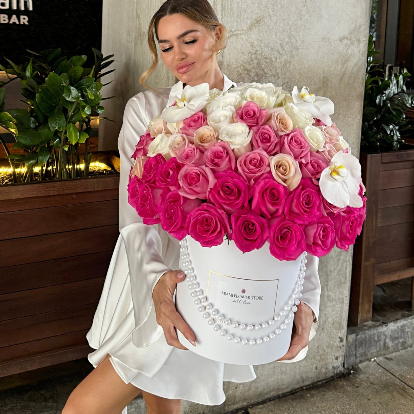 75 Hot Pink Rose Flower Bouquet In A Box Whit Orchids / Ombre - Miami Flower Store Same-Day Delivery Fort Lauderdale Brickell Aventura Las Olas Hallendale Beach Hollywood Sunny Isles