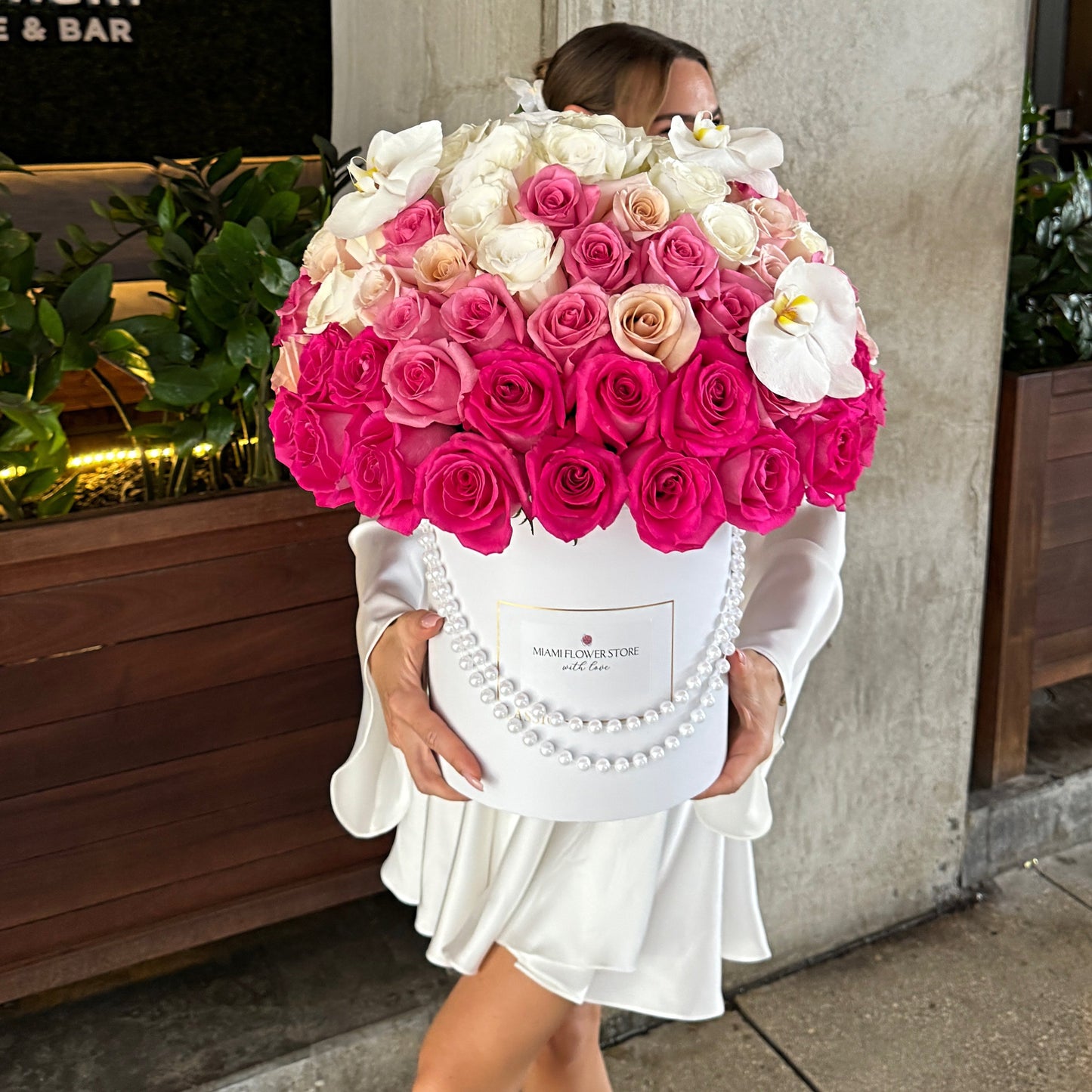 75 Hot Pink Rose Flower Bouquet In A Box Whit Orchids / Ombre - Miami Flower Store Same-Day Delivery Fort Lauderdale Brickell Aventura Las Olas Hallendale Beach Hollywood Sunny Isles